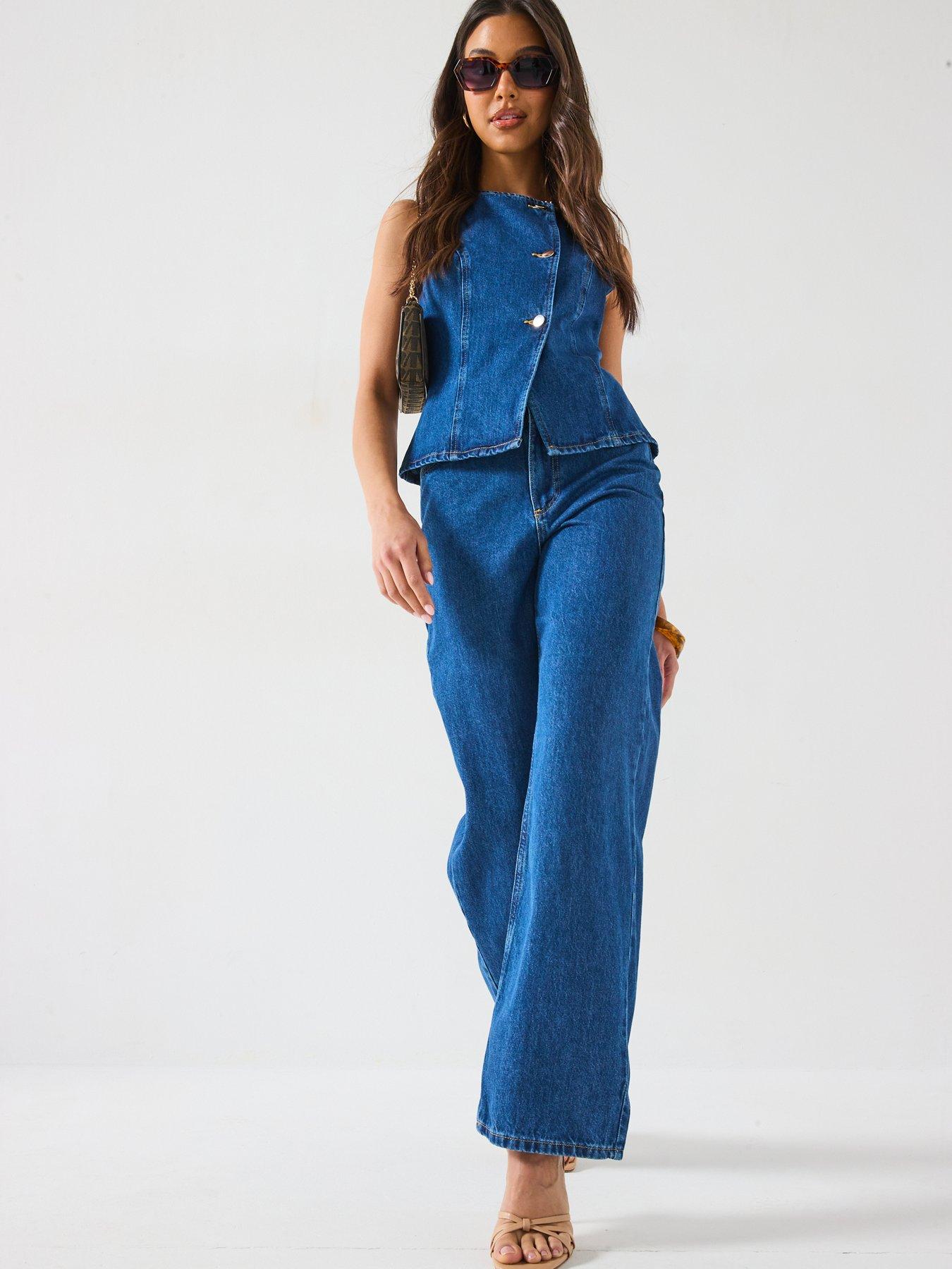  image of v-by-very-denim-asymmetric-button-co-ord-top-mid-wash