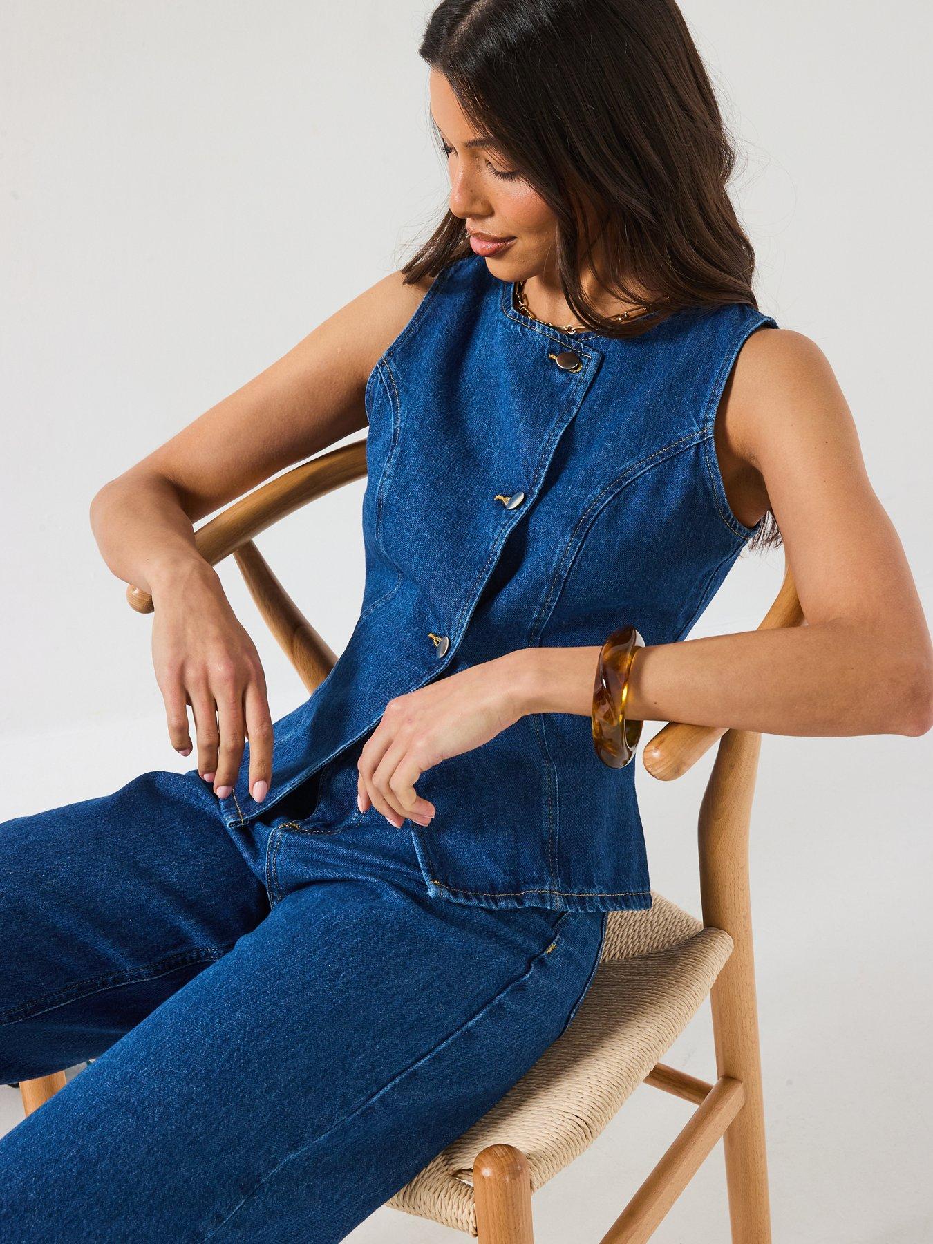  image of v-by-very-denim-asymmetric-button-co-ord-top-mid-wash