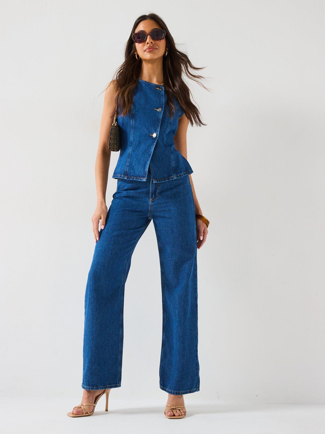  image of v-by-very-denim-tailored-wide-leg-co-ord-jeans-mid-wash