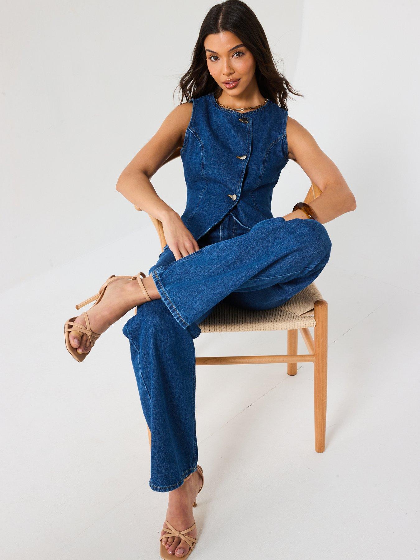  image of v-by-very-denim-tailored-wide-leg-co-ord-jeans-mid-wash