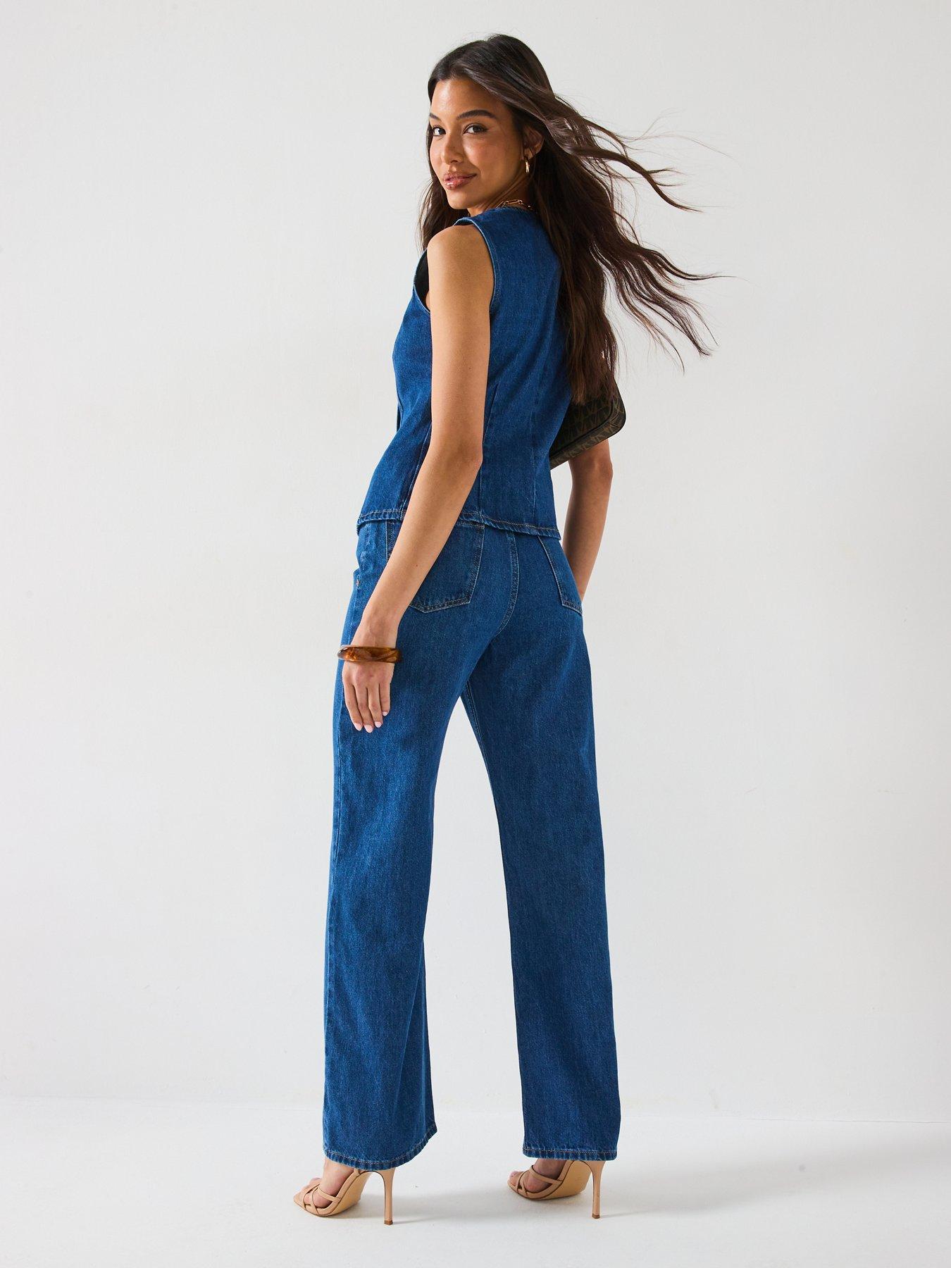  image of v-by-very-denim-tailored-wide-leg-co-ord-jeans-mid-wash