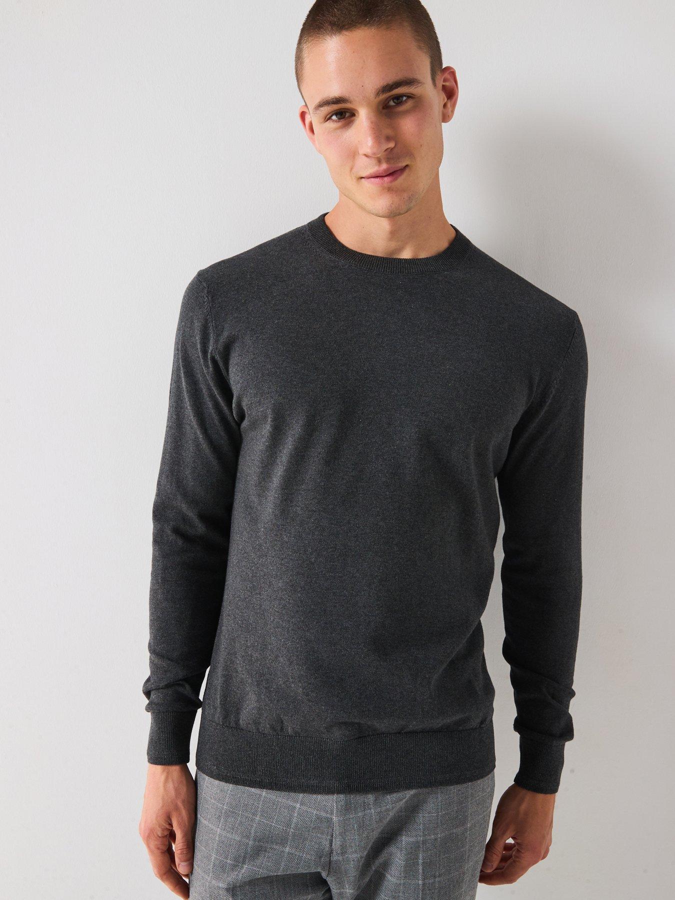 undefined Cotton Rich Knitted Crew Neck Jumper - Charcoal