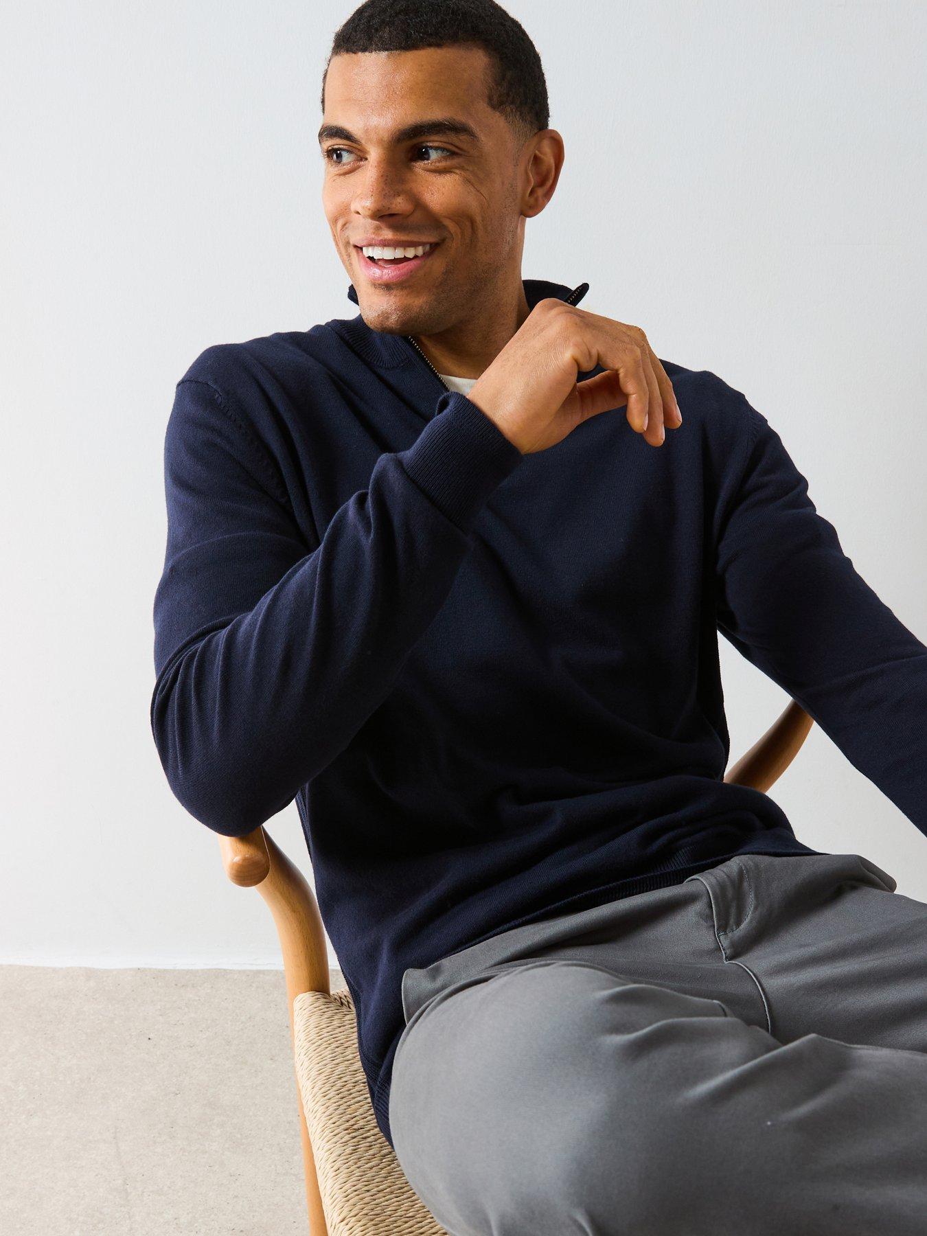 Very Man Cotton Rich Knitted 1/4 Zip Jumper - Navy