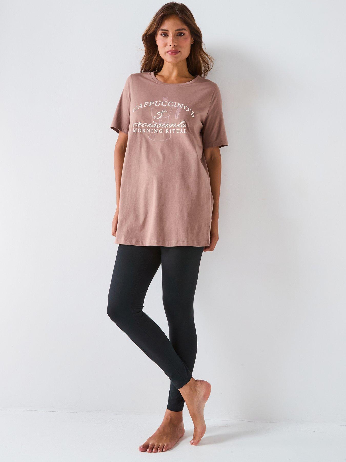 Image 1 of 4 of Everyday Slogan Longline T-Shirt With Leggings Pj Set - Brown