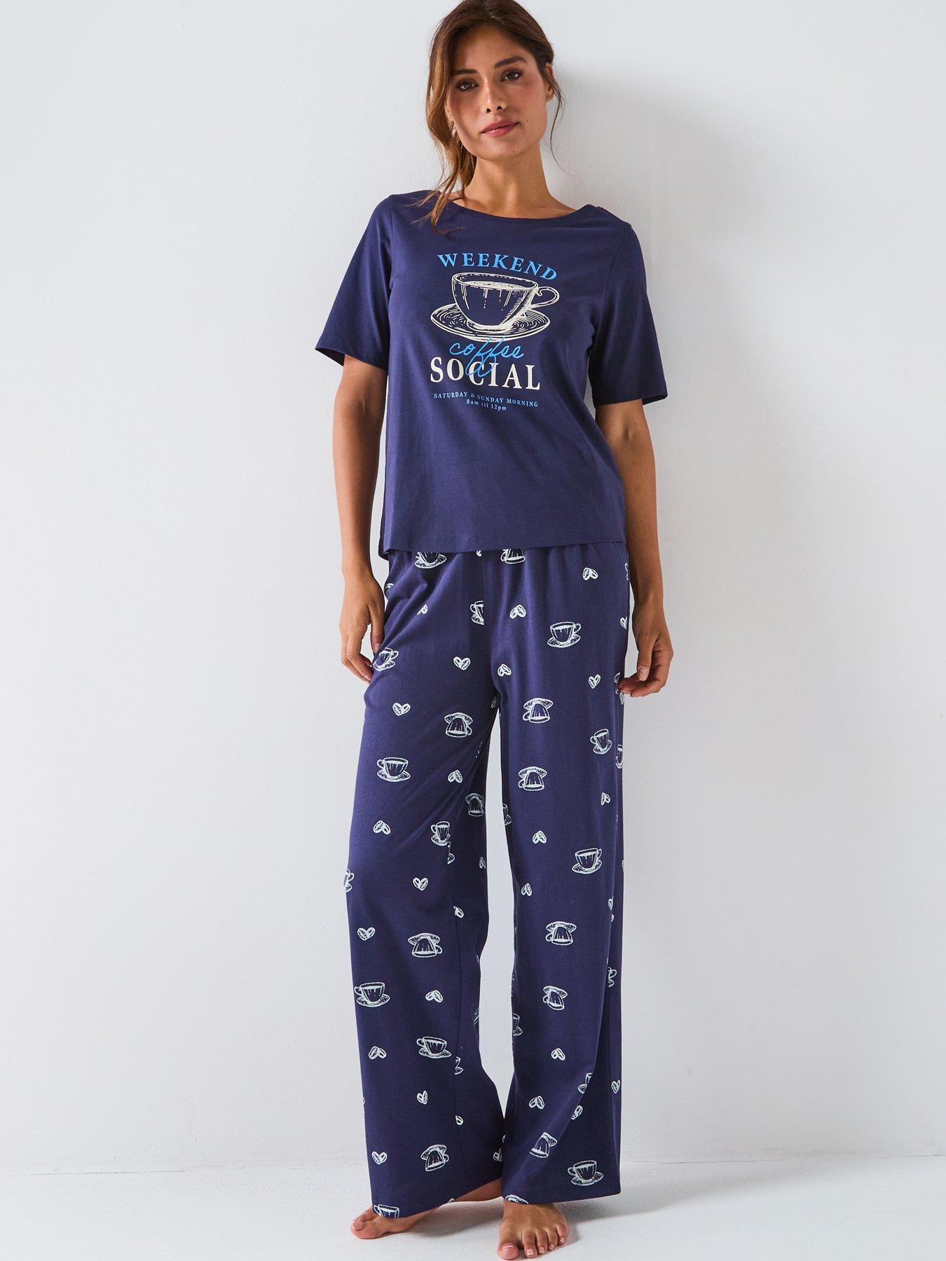 Image 1 of 6 of Everyday Short Sleeve Coffee Cup T-Shirt With Wide Leg Pj Set - Navy