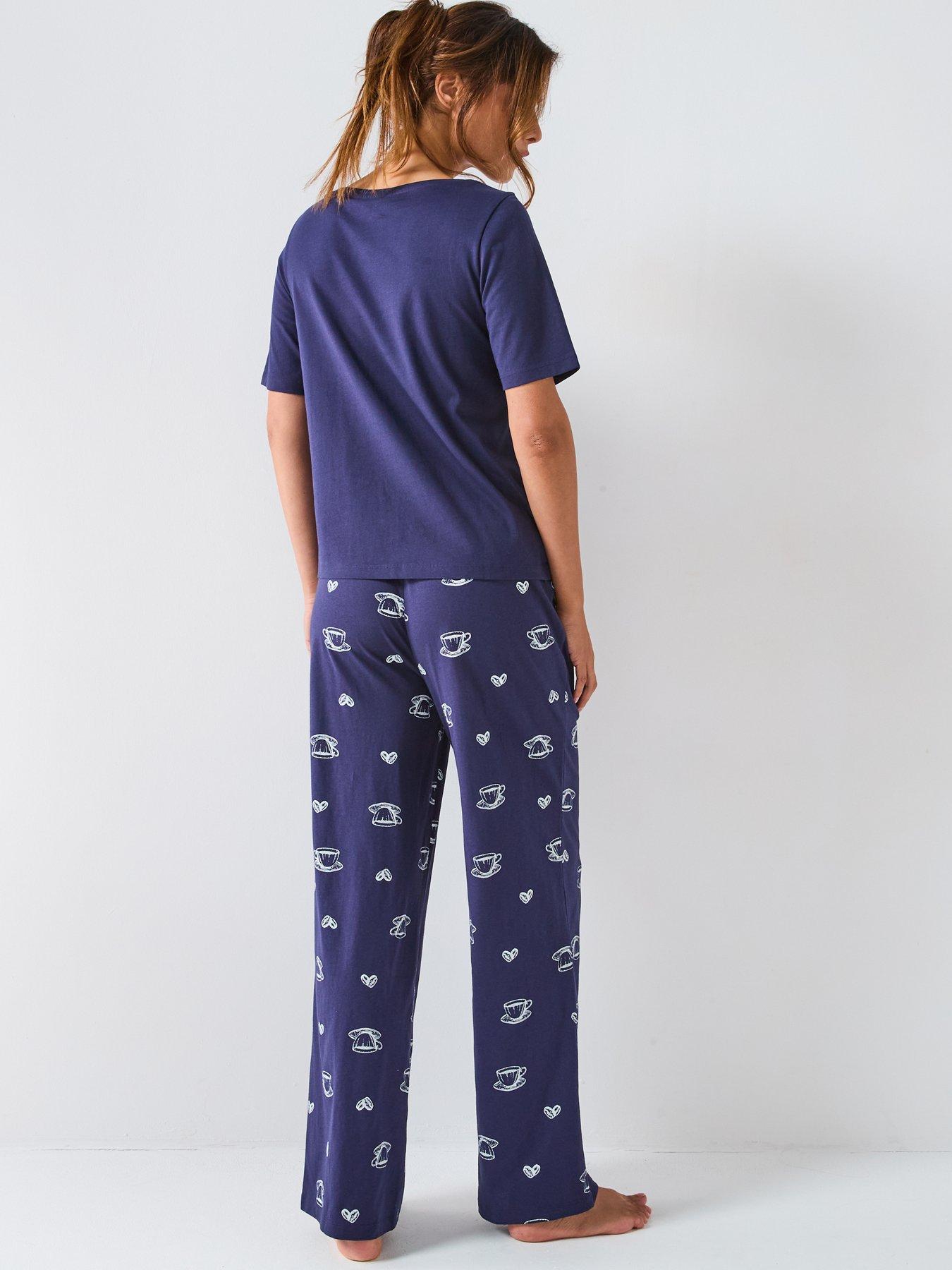 Image 2 of 6 of Everyday Short Sleeve Coffee Cup T-Shirt With Wide Leg Pj Set - Navy