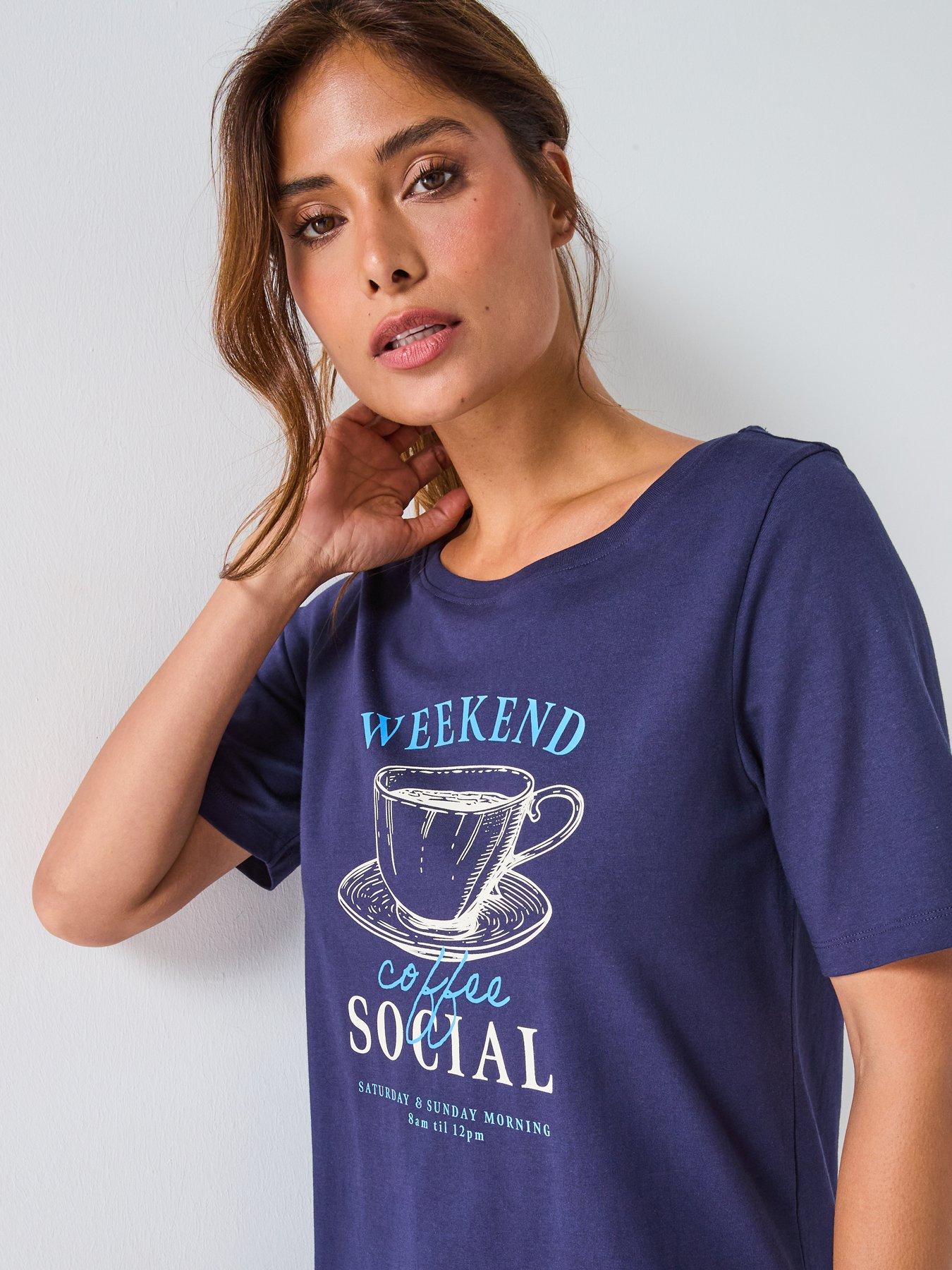 Image 4 of 6 of Everyday Short Sleeve Coffee Cup T-Shirt With Wide Leg Pj Set - Navy