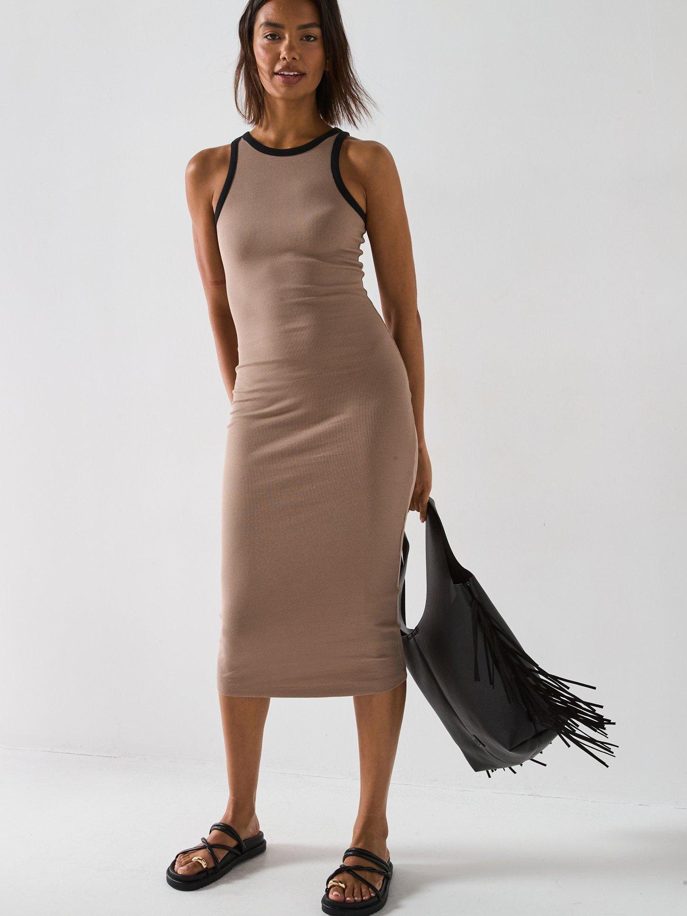 V by Very Ribbed Midaxi Dress with Contrast Trim - Brown
