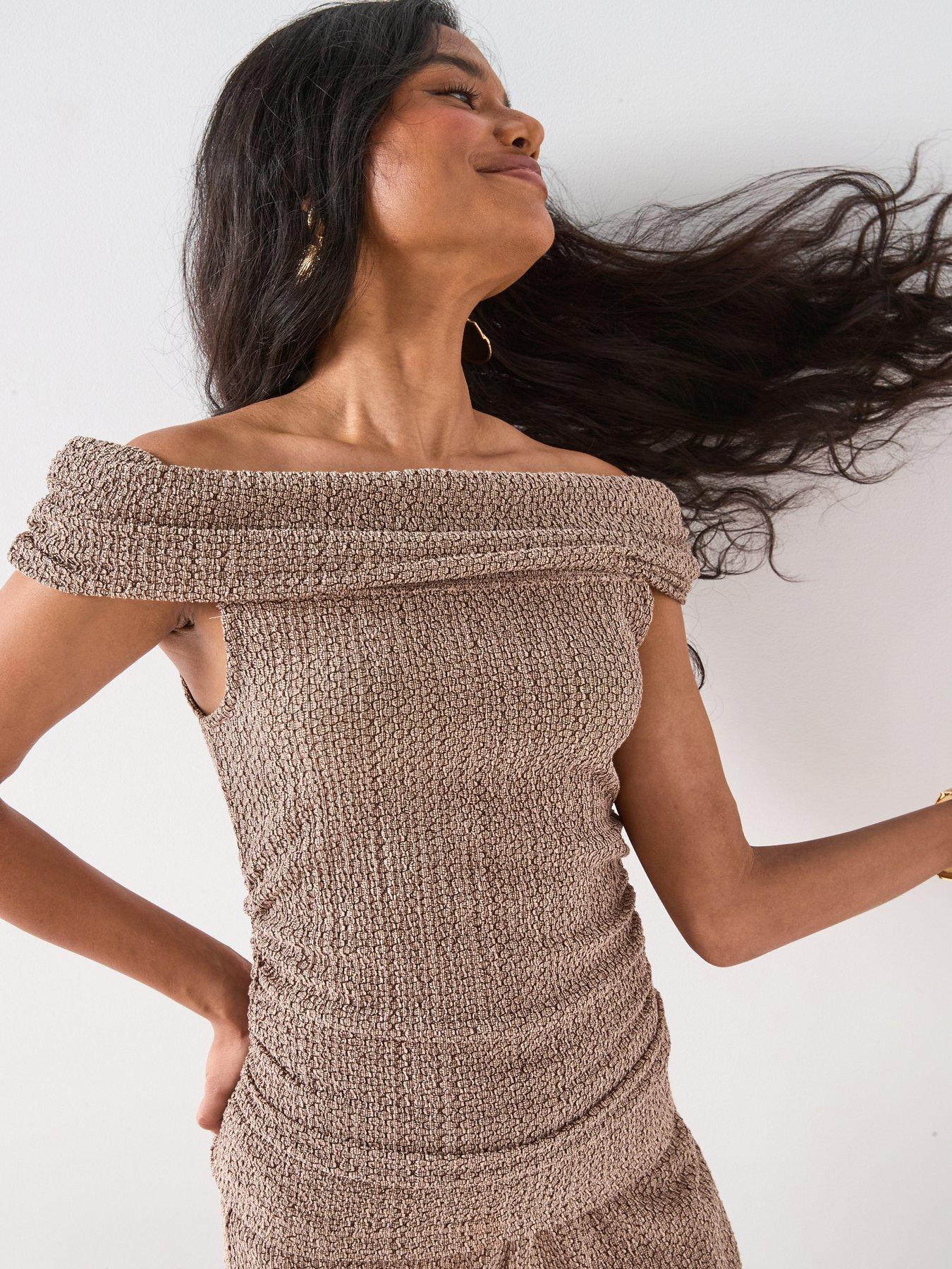 Image 3 of 6 of V by Very Texture Bardot Co Ord Top - Brown