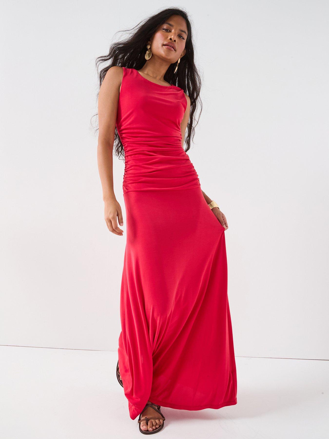Image 1 of 6 of V by Very Drape Ruched Detail Dress - Red