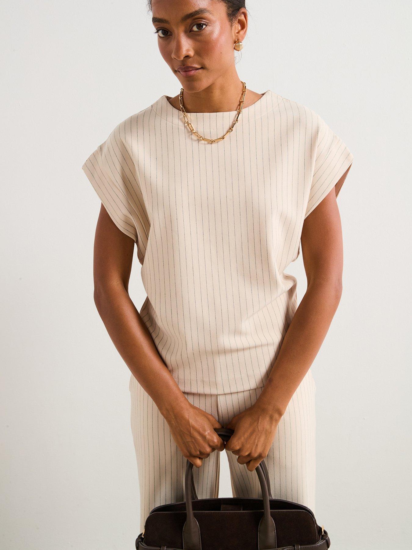 undefined Pinstripe Co Ord T-Shirt - Cream