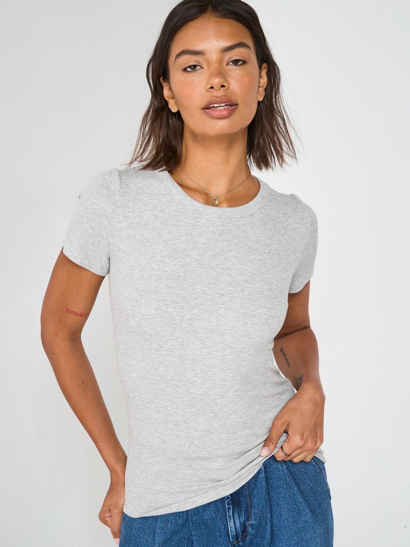 V by Very Short Sleeve Rib Tee - Grey