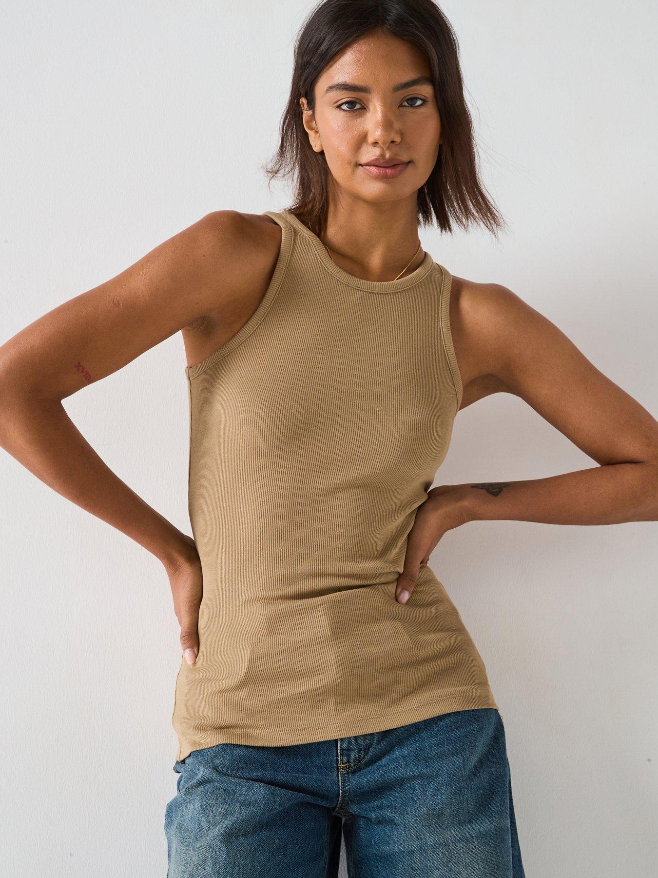 V by Very High Neck Rib Vest - Beige