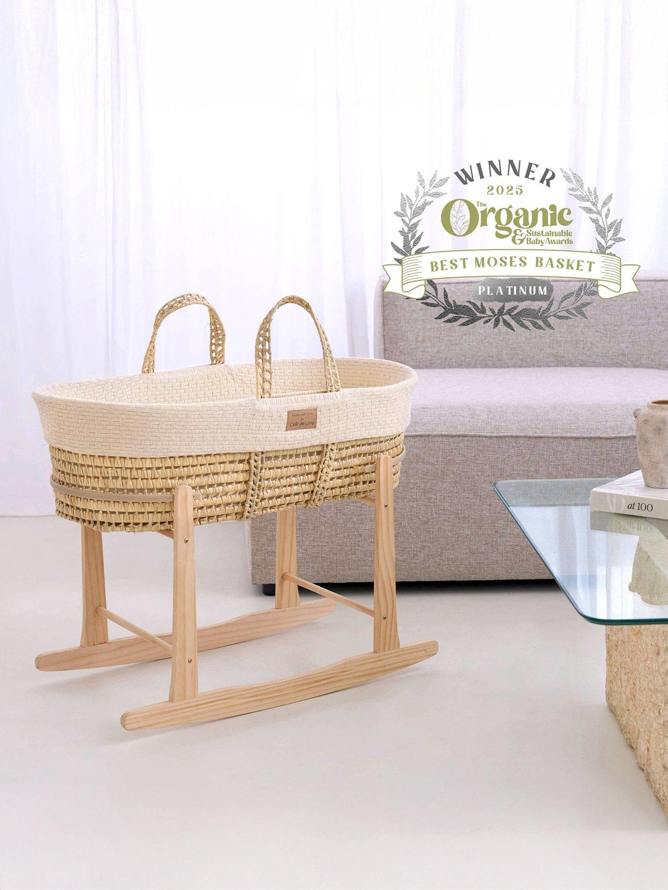 Clair De Lune Moses Basket Knitted - Cream - With Natural Rocking Stand