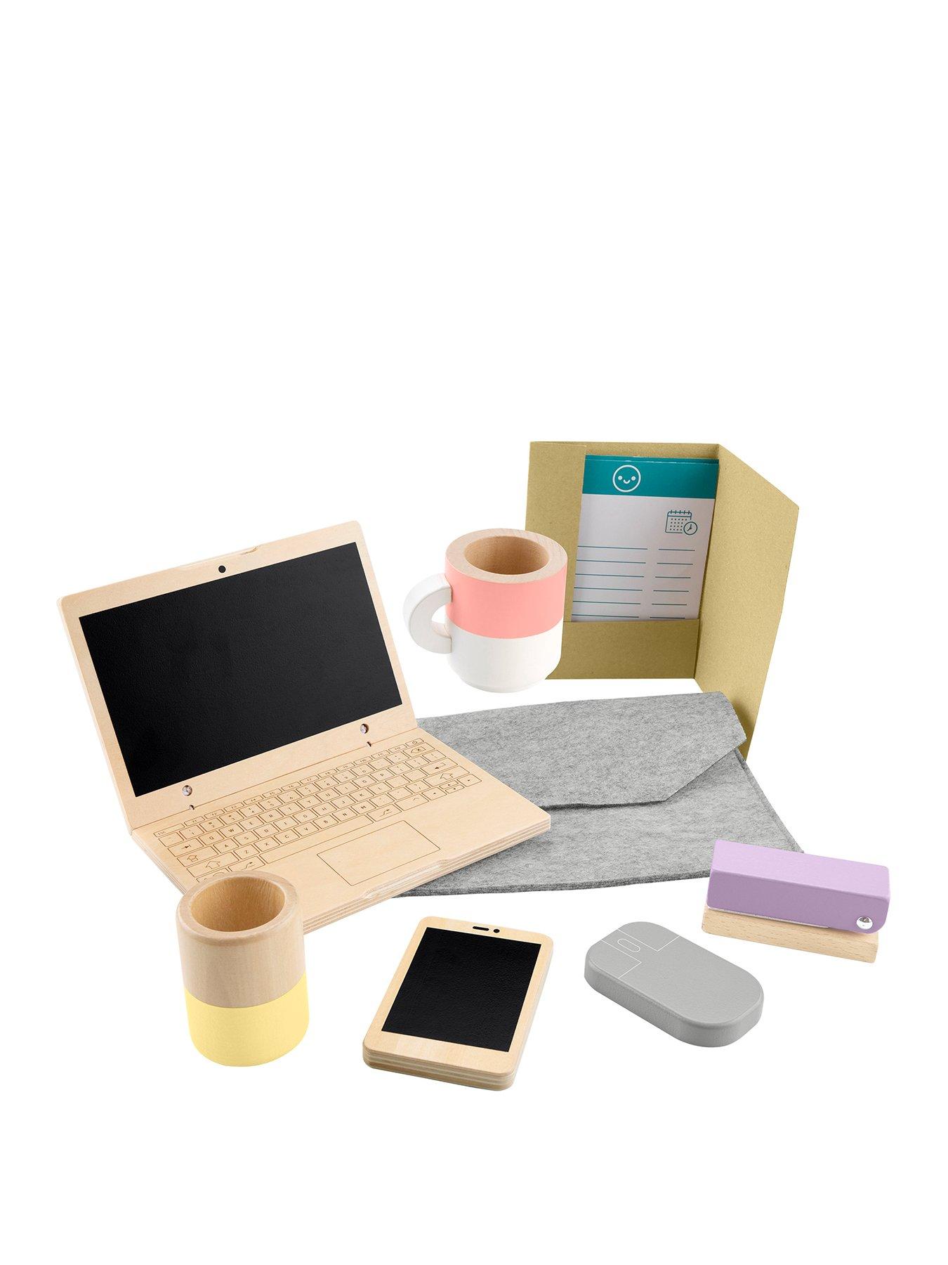undefined Wooden Work From Home Set, Pretend Office Playset with Wood Laptop for Kids
