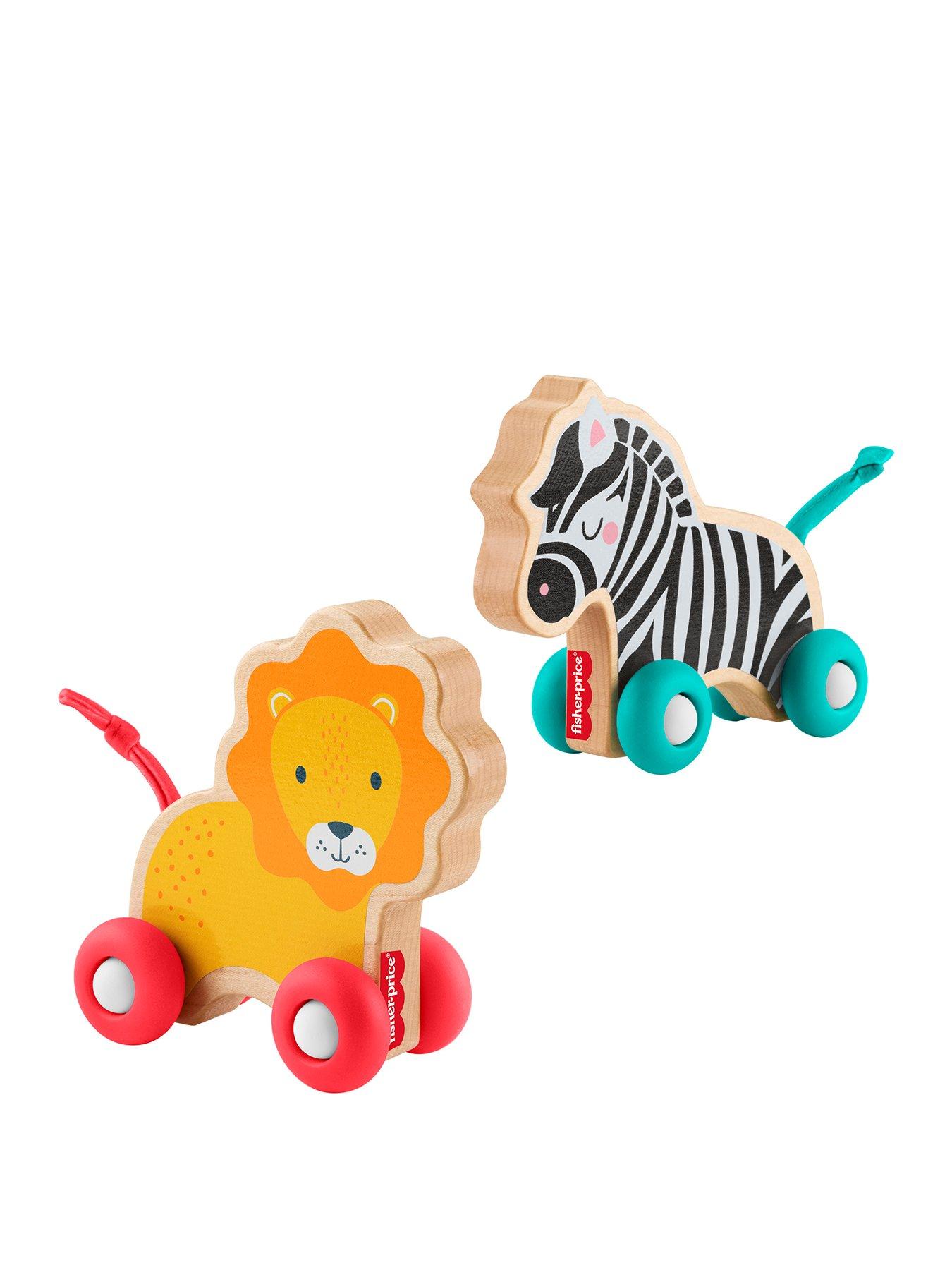 Fisher-Price Wooden Push Along Animals, Lion  &  Zebra Toy Vehicles for Baby Crawling Play