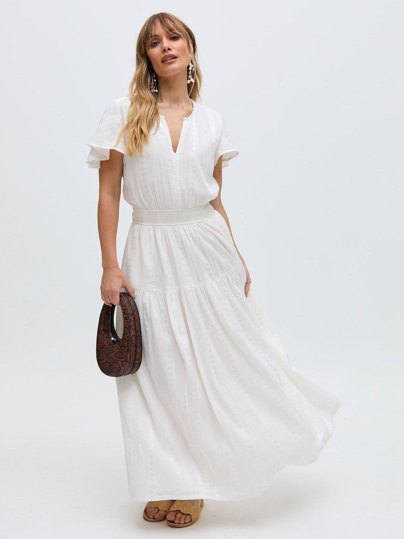 undefined Candice Flutter Sleeve Jacquard Maxi Dress - White