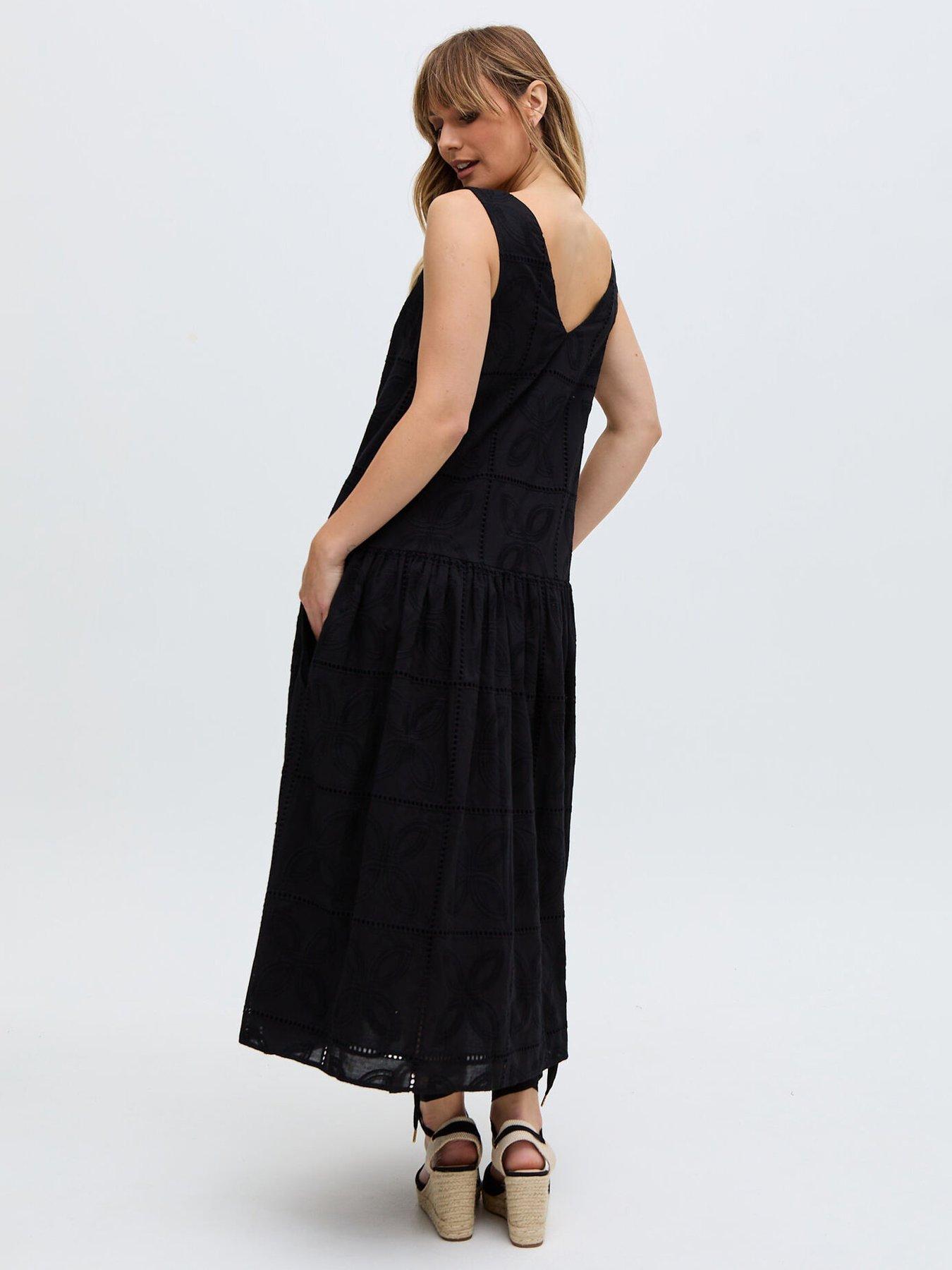  image of raffya-squire-all-over-cut-work-drop-waist-midi-dress-black