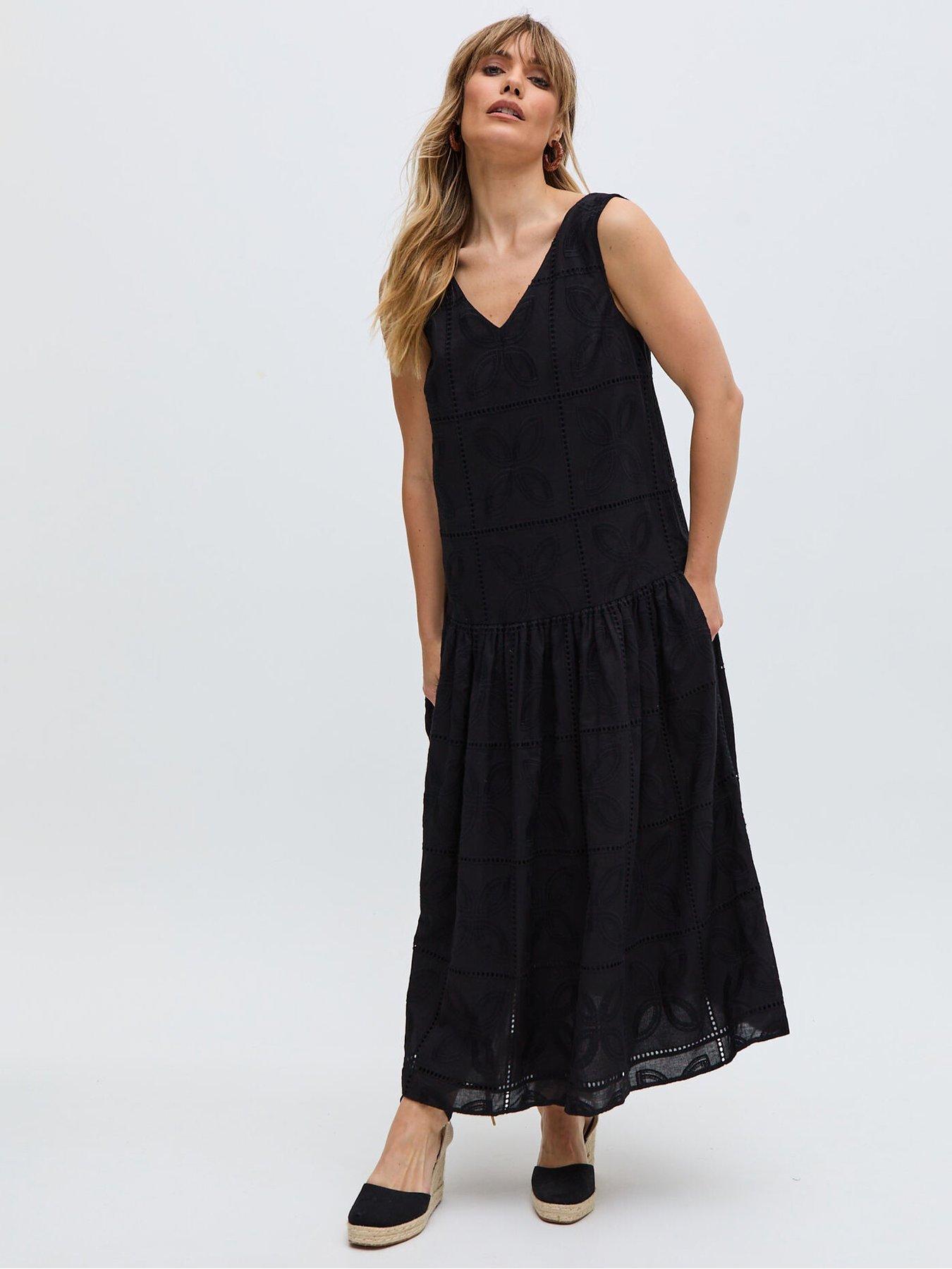  image of raffya-squire-all-over-cut-work-drop-waist-midi-dress-black