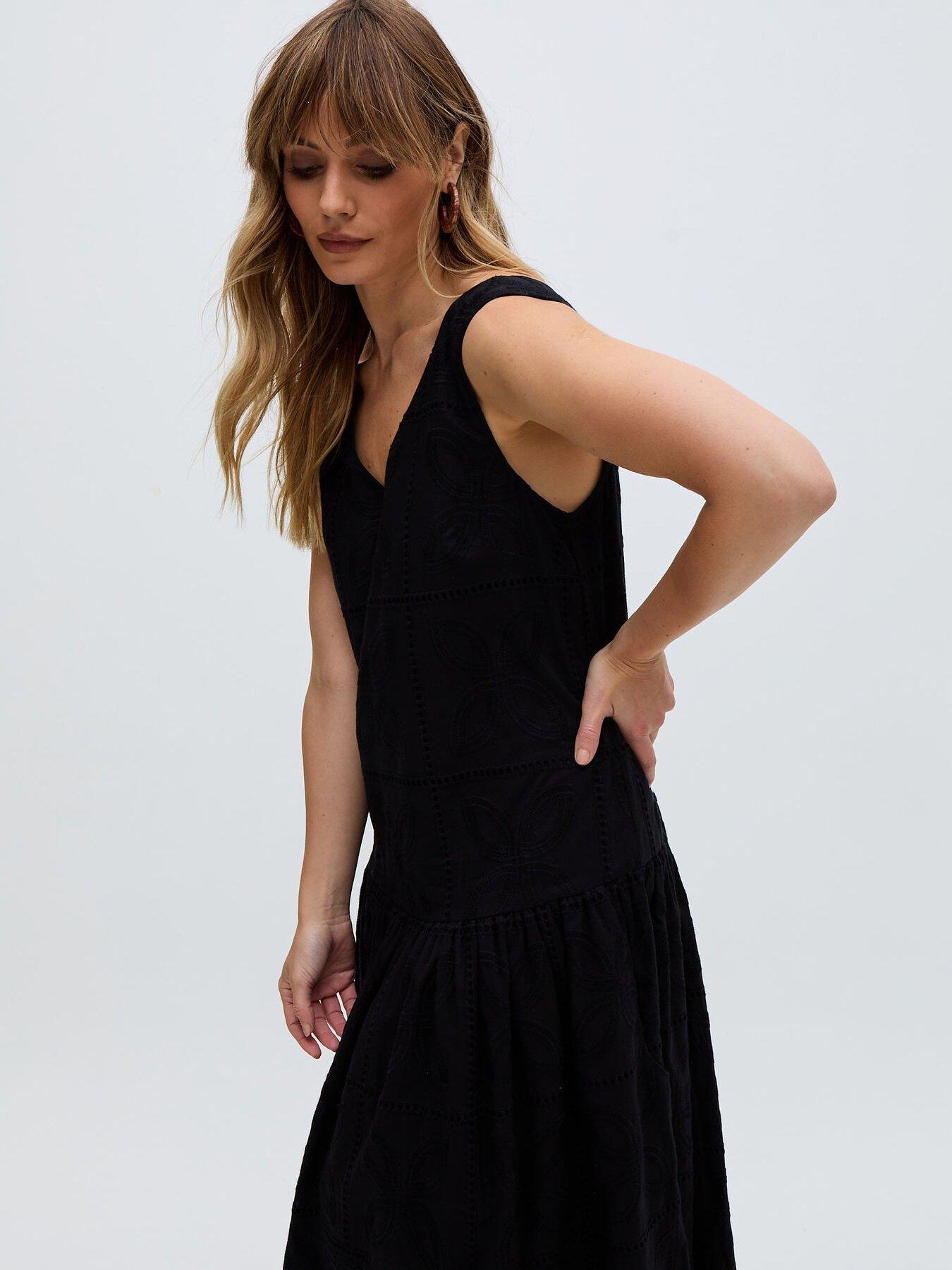  image of raffya-squire-all-over-cut-work-drop-waist-midi-dress-black