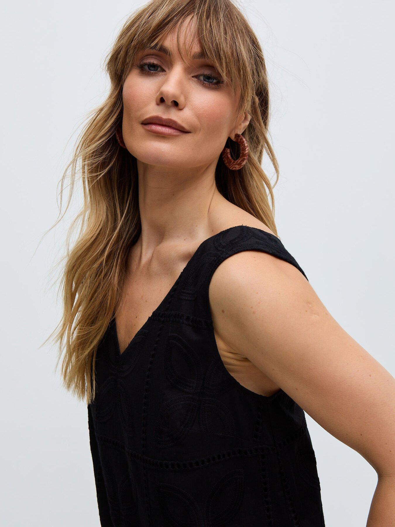  image of raffya-squire-all-over-cut-work-drop-waist-midi-dress-black