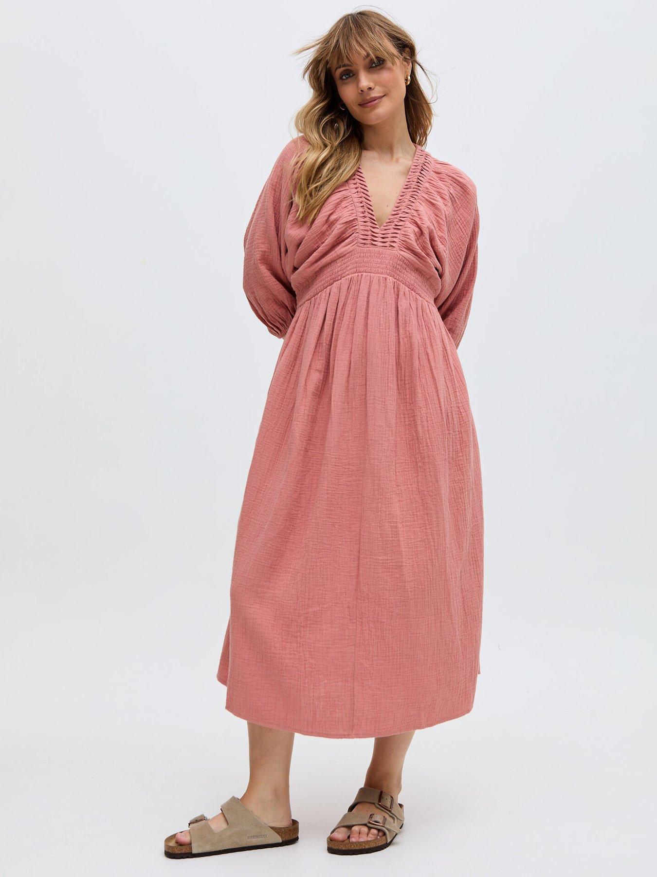 raffya-soipoi-ruched-v-neck-midi-dress-pink