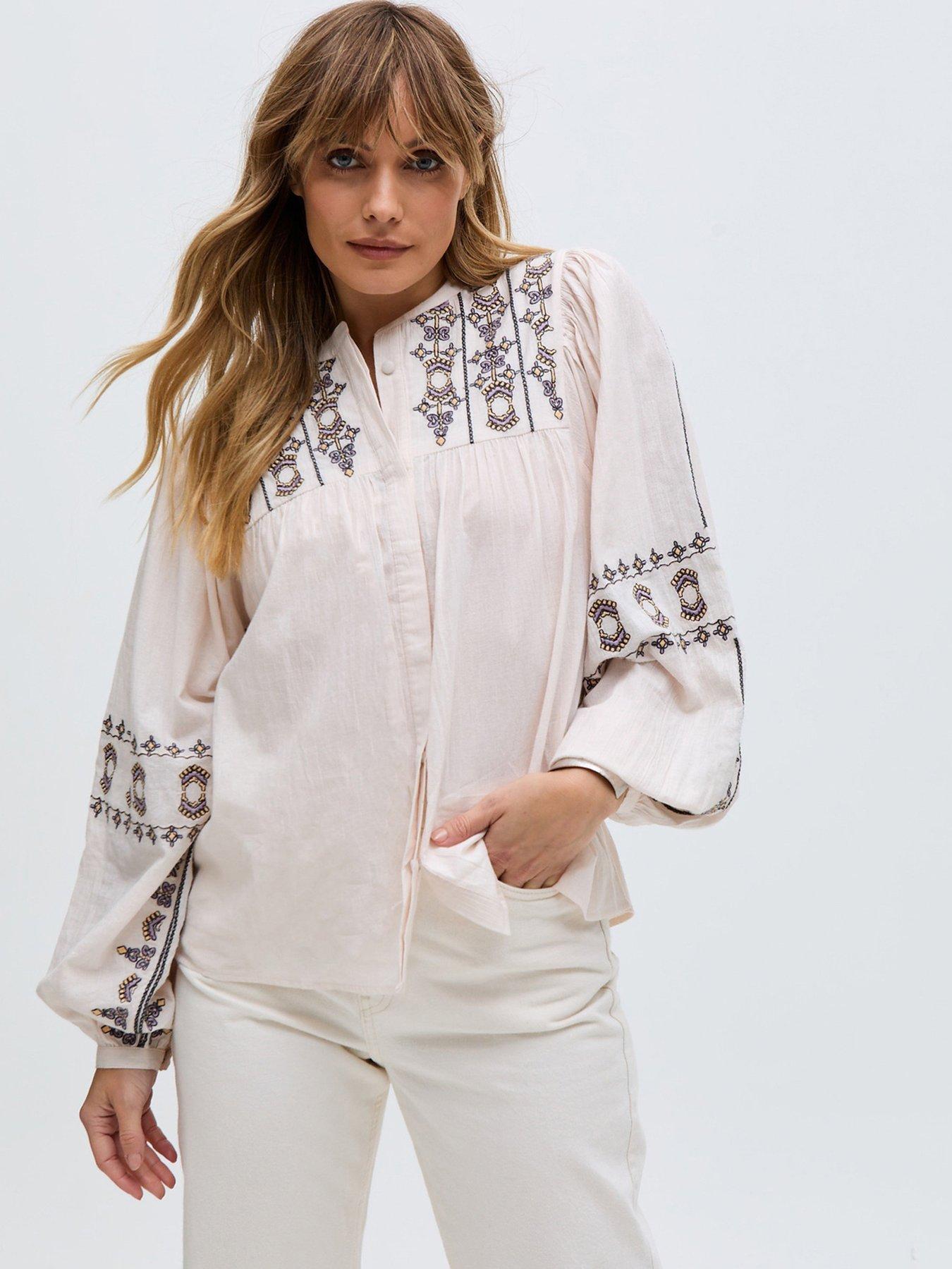 undefined Demi Embroidered Ballon Sleeve Shirt - Cream