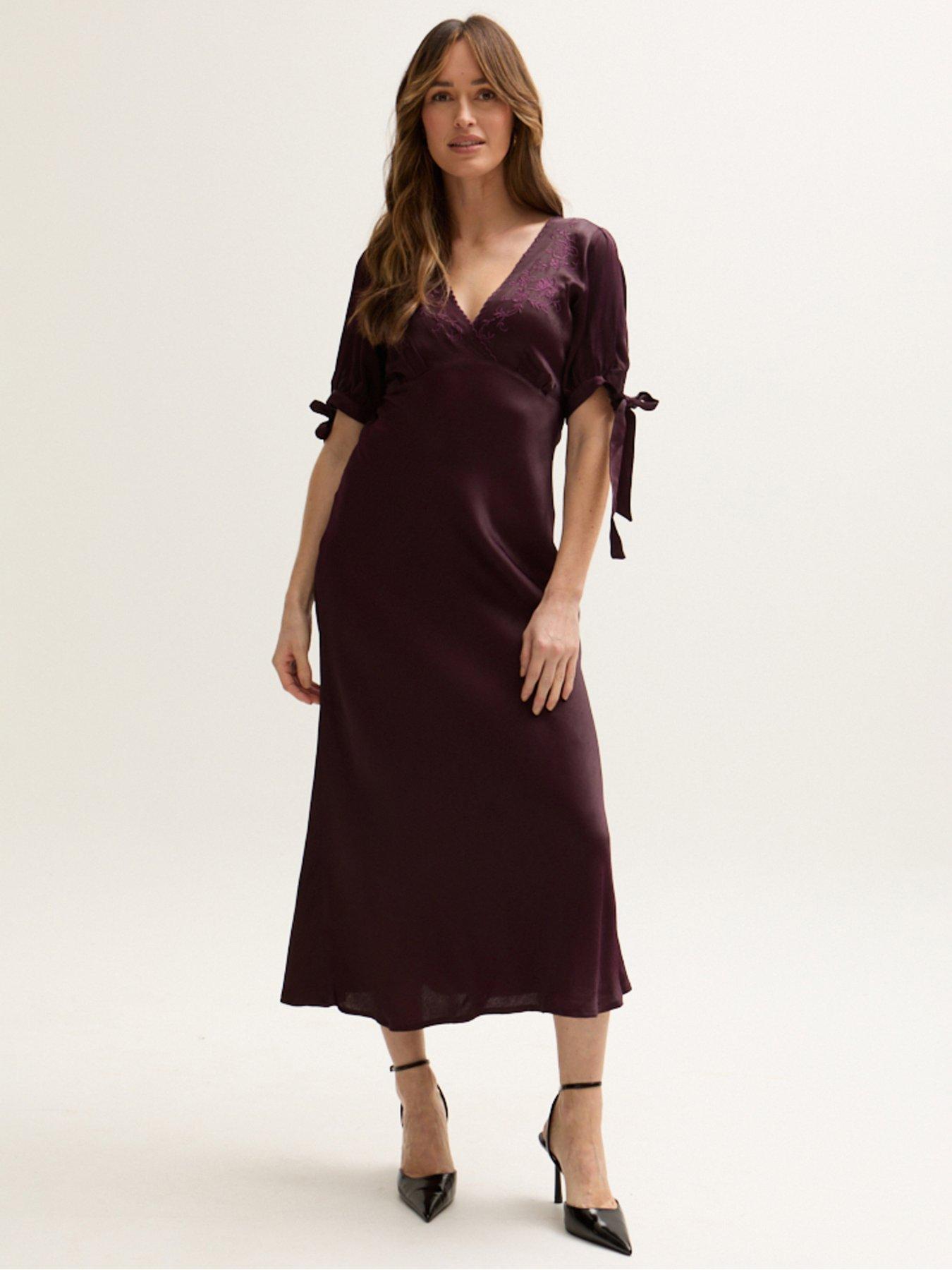 undefined Bow Detailed Embroidered Midi Dress - Purple