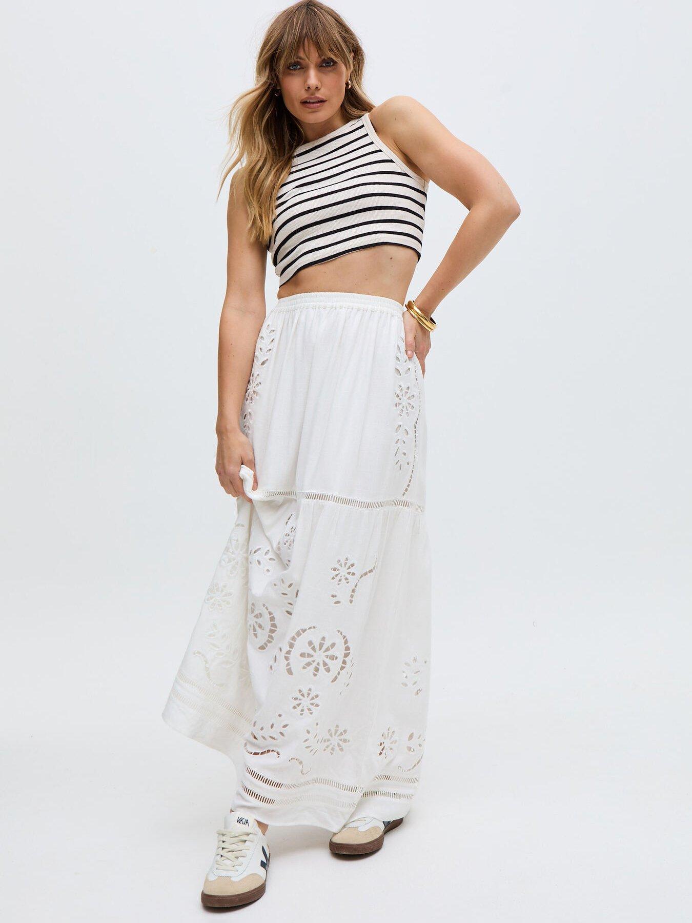  image of raffya-georgina-lace-paneled-maxi-skirt-white