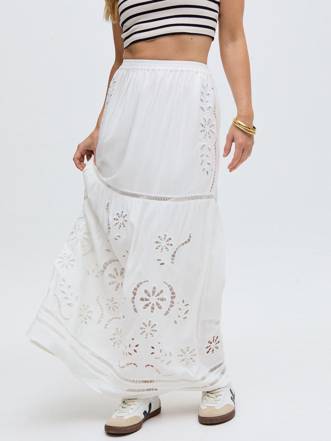  image of raffya-georgina-lace-paneled-maxi-skirt-white