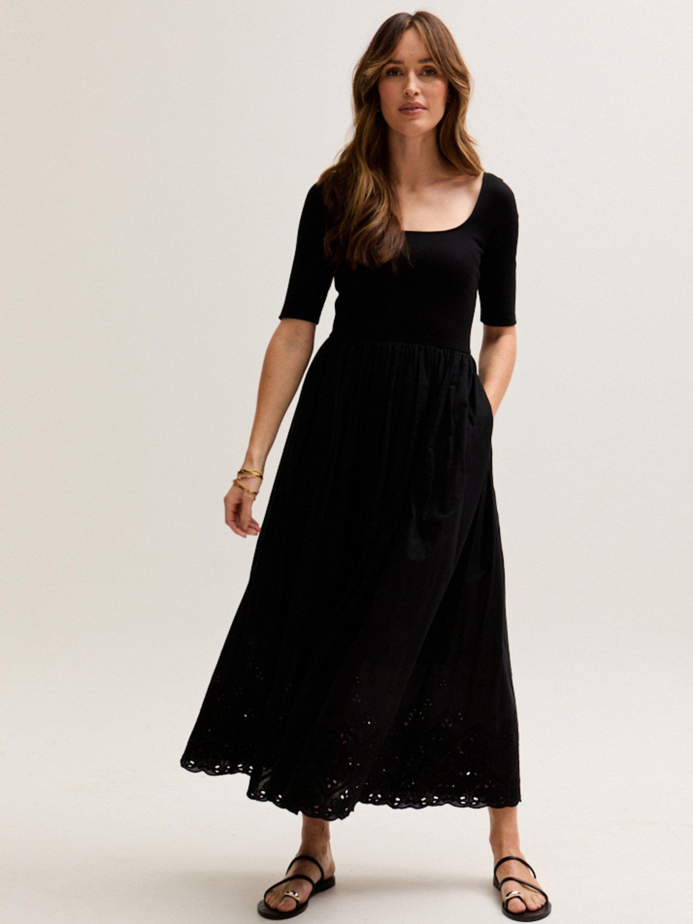 undefined Sydney Short Sleeve Jersey Bodice Embroidered Midi Dress - Black