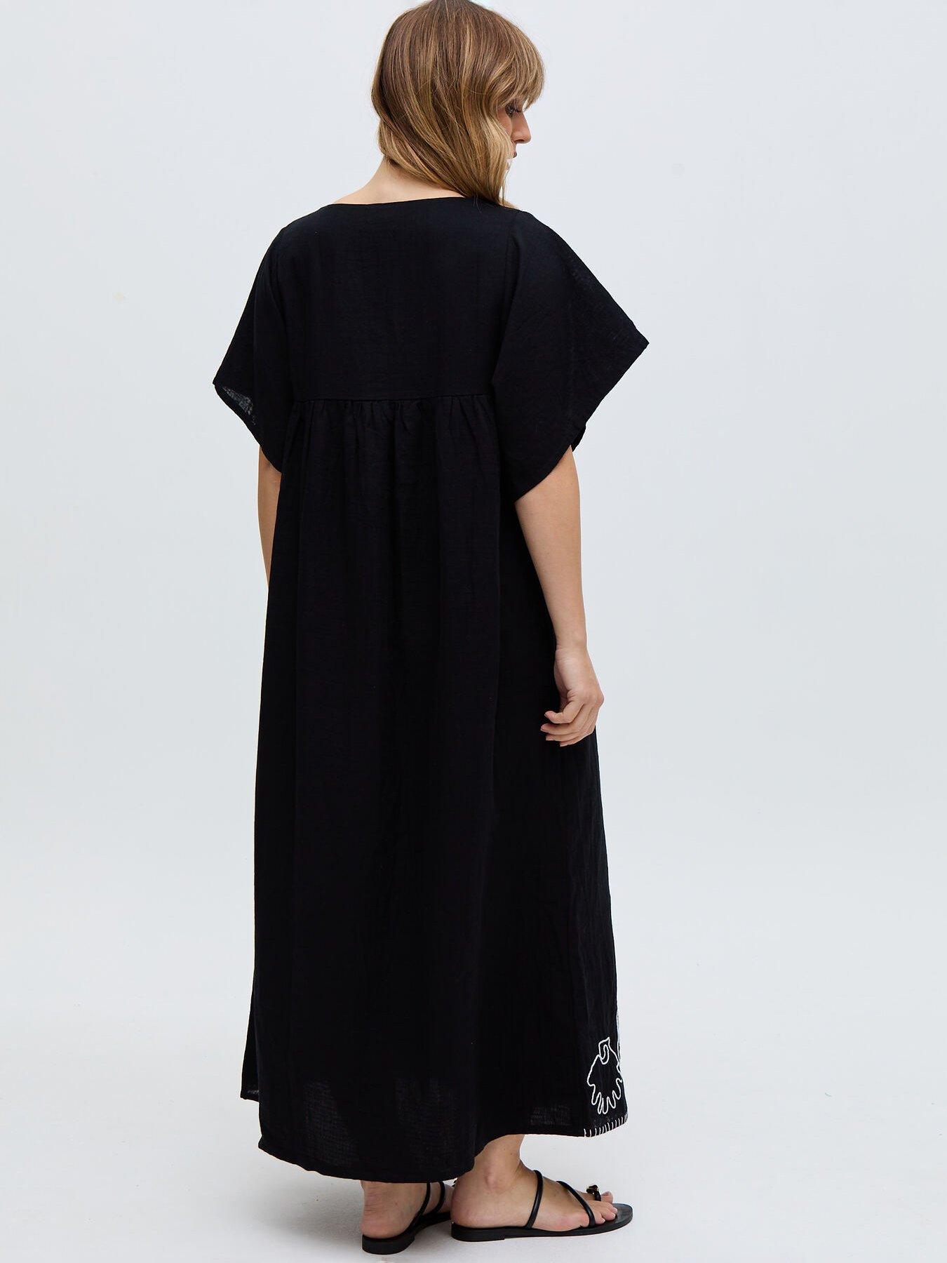  image of raffya-candy-tabard-embroidered-hem-midi-dress-black