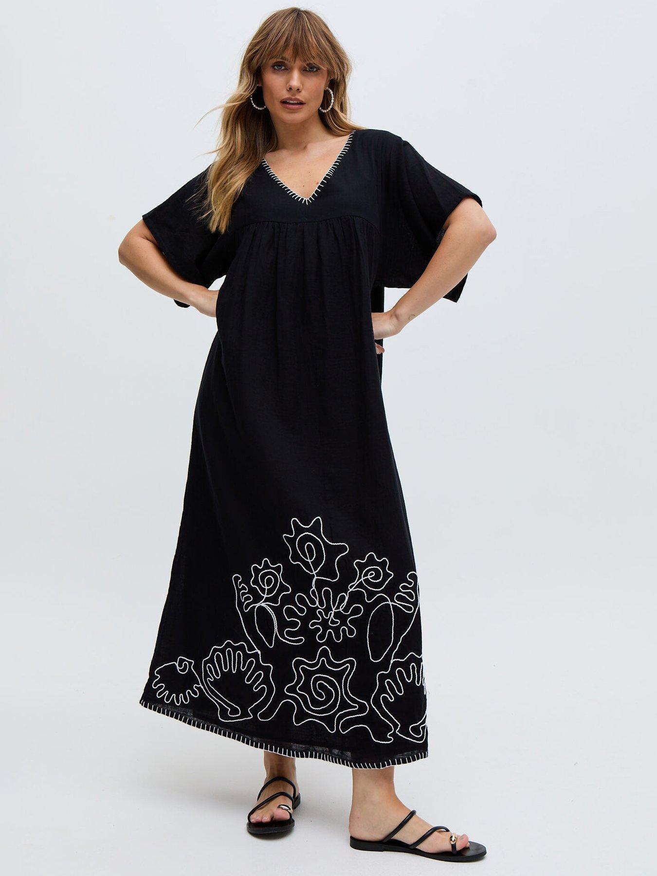  image of raffya-candy-tabard-embroidered-hem-midi-dress-black