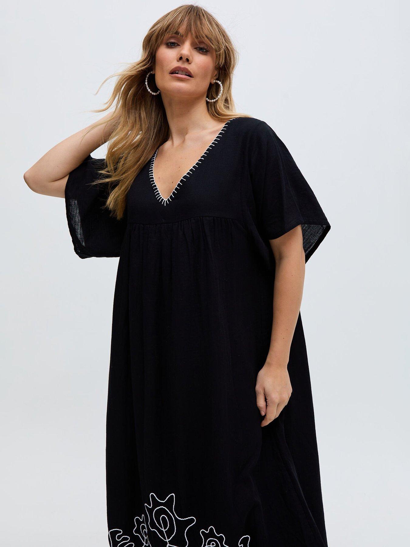  image of raffya-candy-tabard-embroidered-hem-midi-dress-black