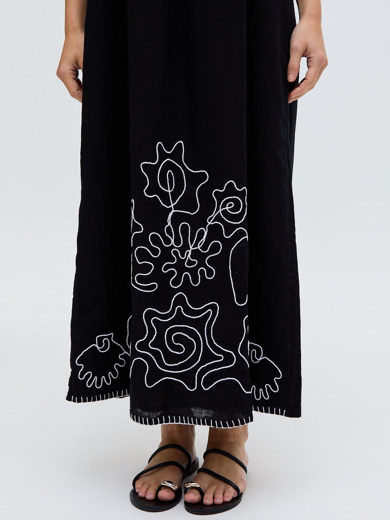  image of raffya-candy-tabard-embroidered-hem-midi-dress-black