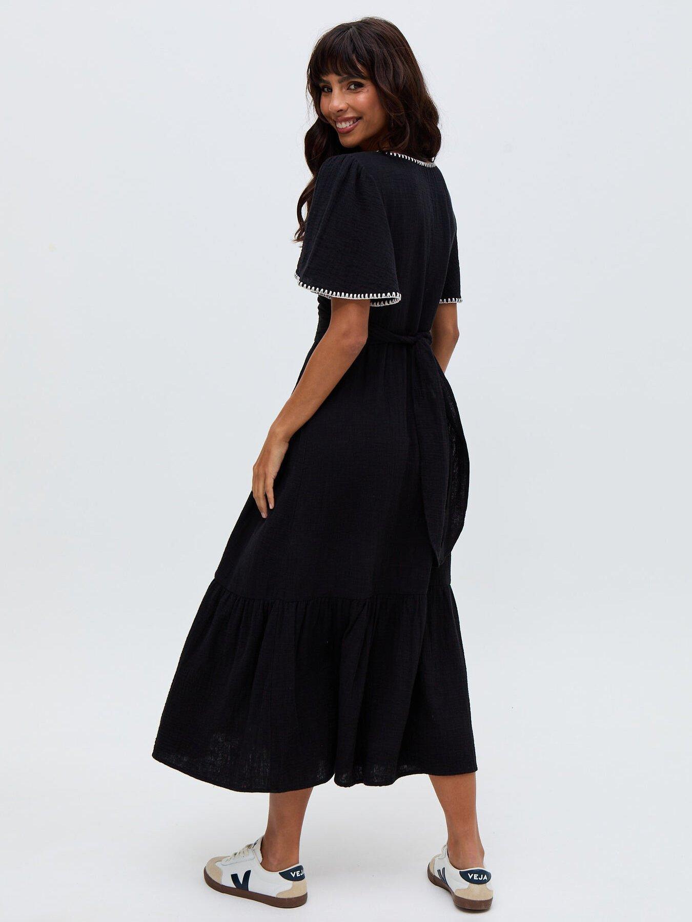  image of raffya-delilah-v-neck-front-tie-midi-dress-black