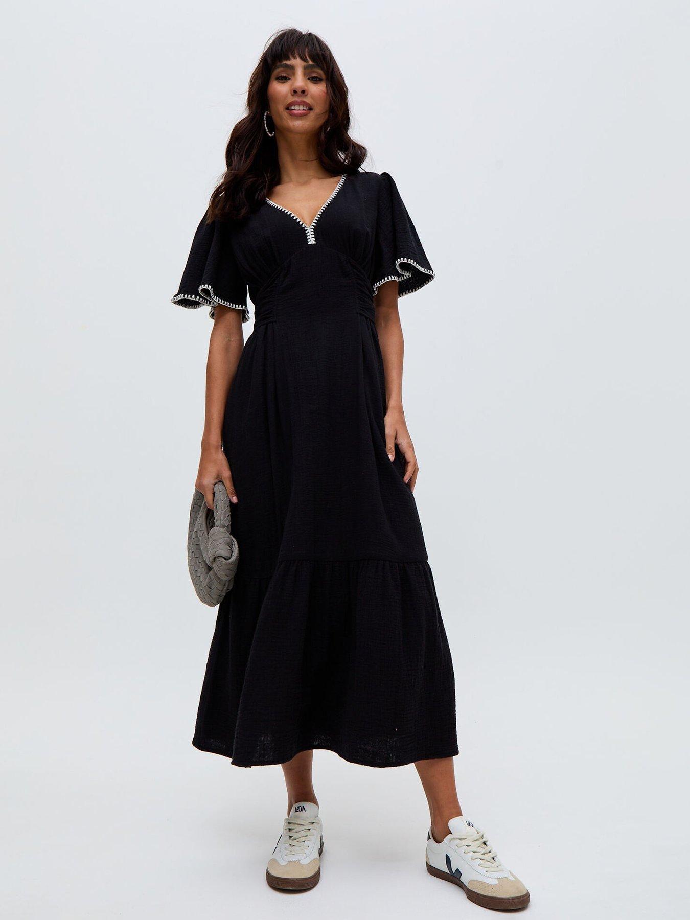  image of raffya-delilah-v-neck-front-tie-midi-dress-black