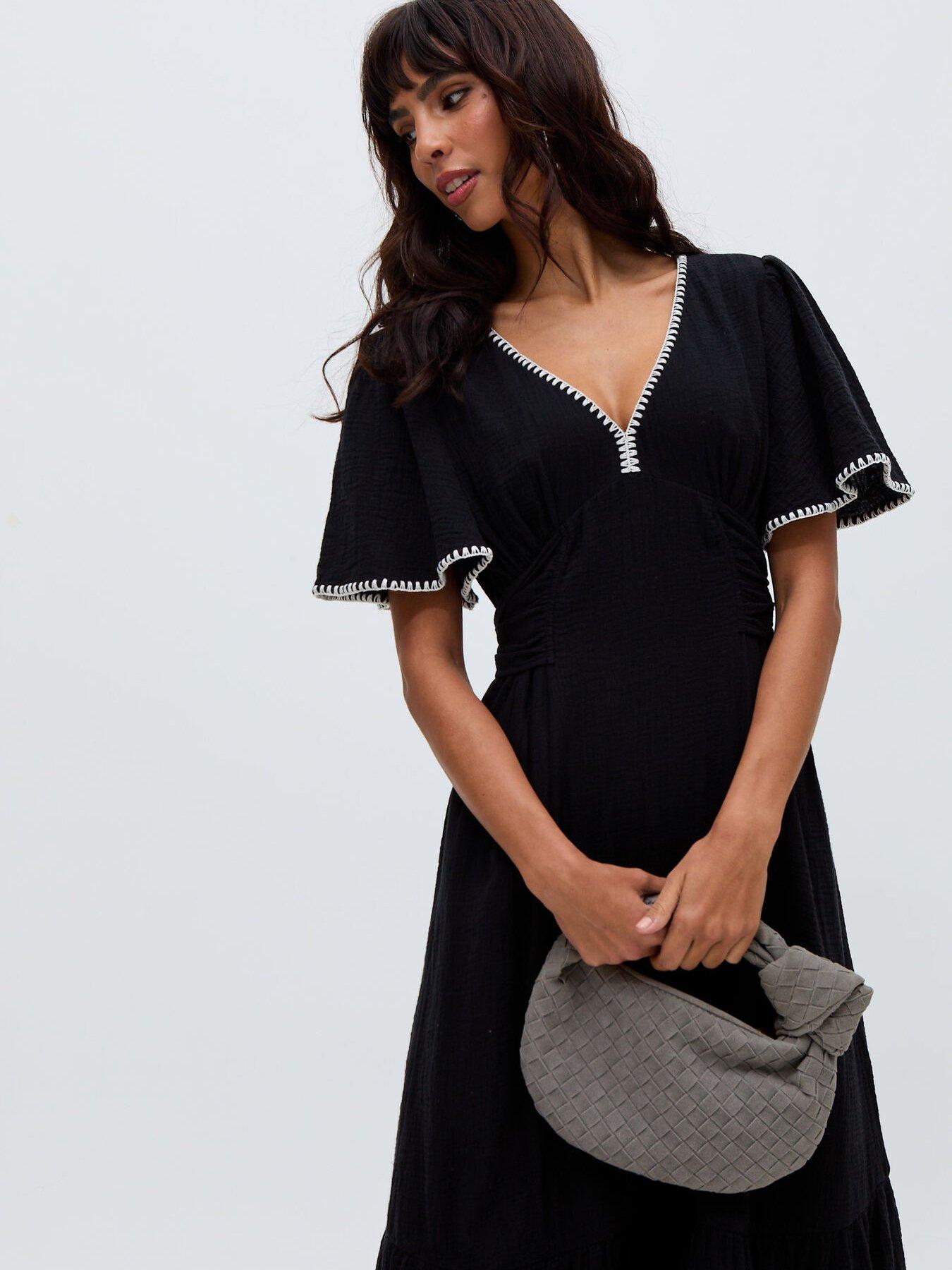  image of raffya-delilah-v-neck-front-tie-midi-dress-black
