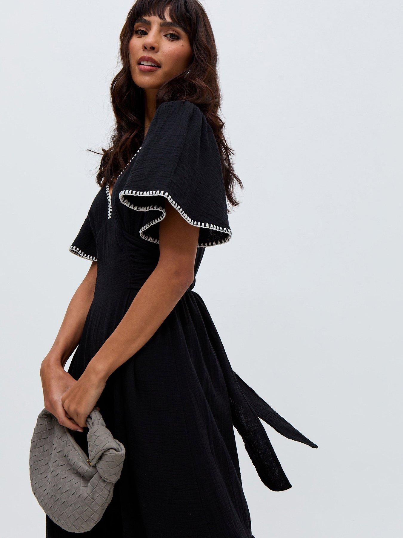  image of raffya-delilah-v-neck-front-tie-midi-dress-black