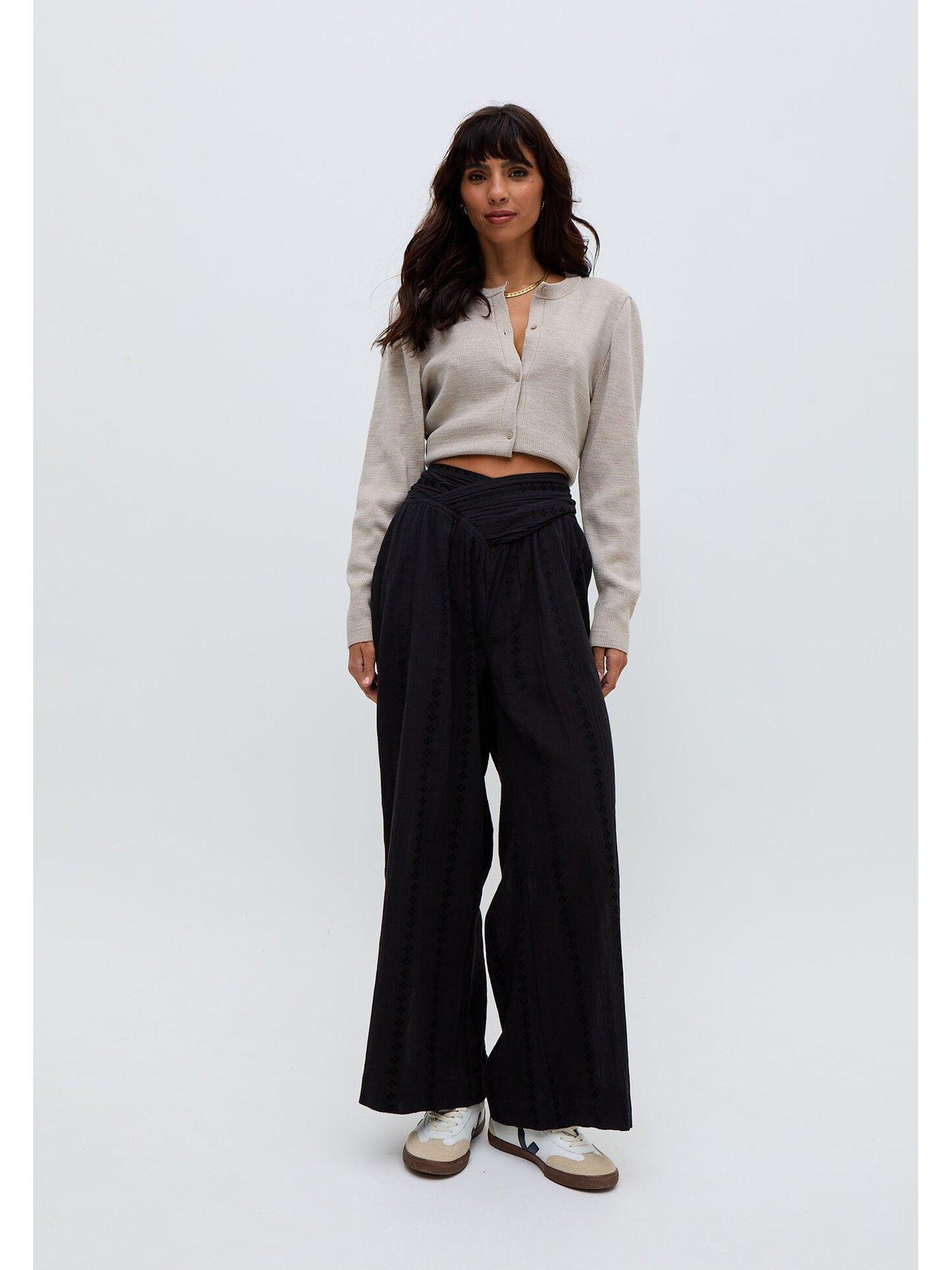 undefined Farrah Wide Leg Jacquard Trouser - Black