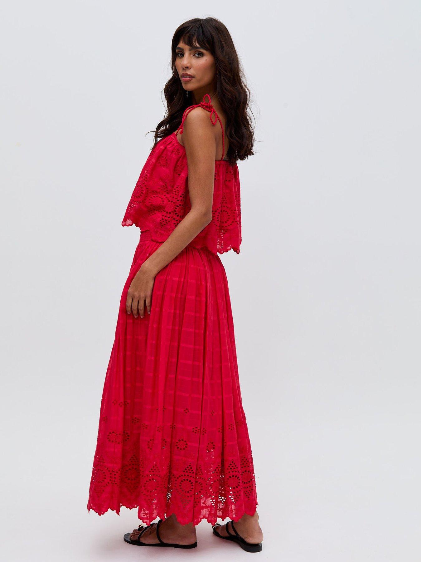  image of raffya-mirella-smocked-waist-embroidered-midi-skirt-red