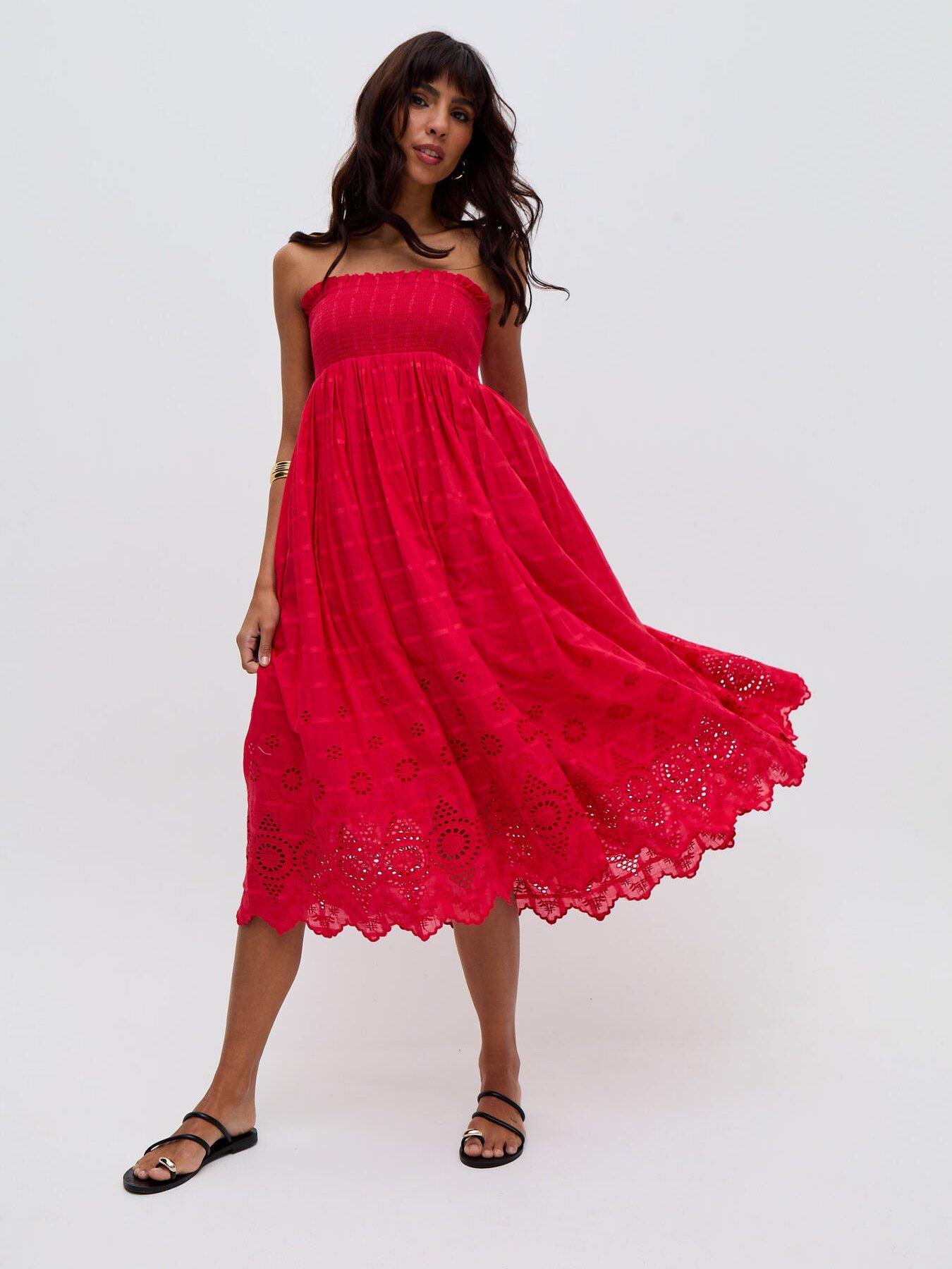  image of raffya-mirella-smocked-waist-embroidered-midi-skirt-red