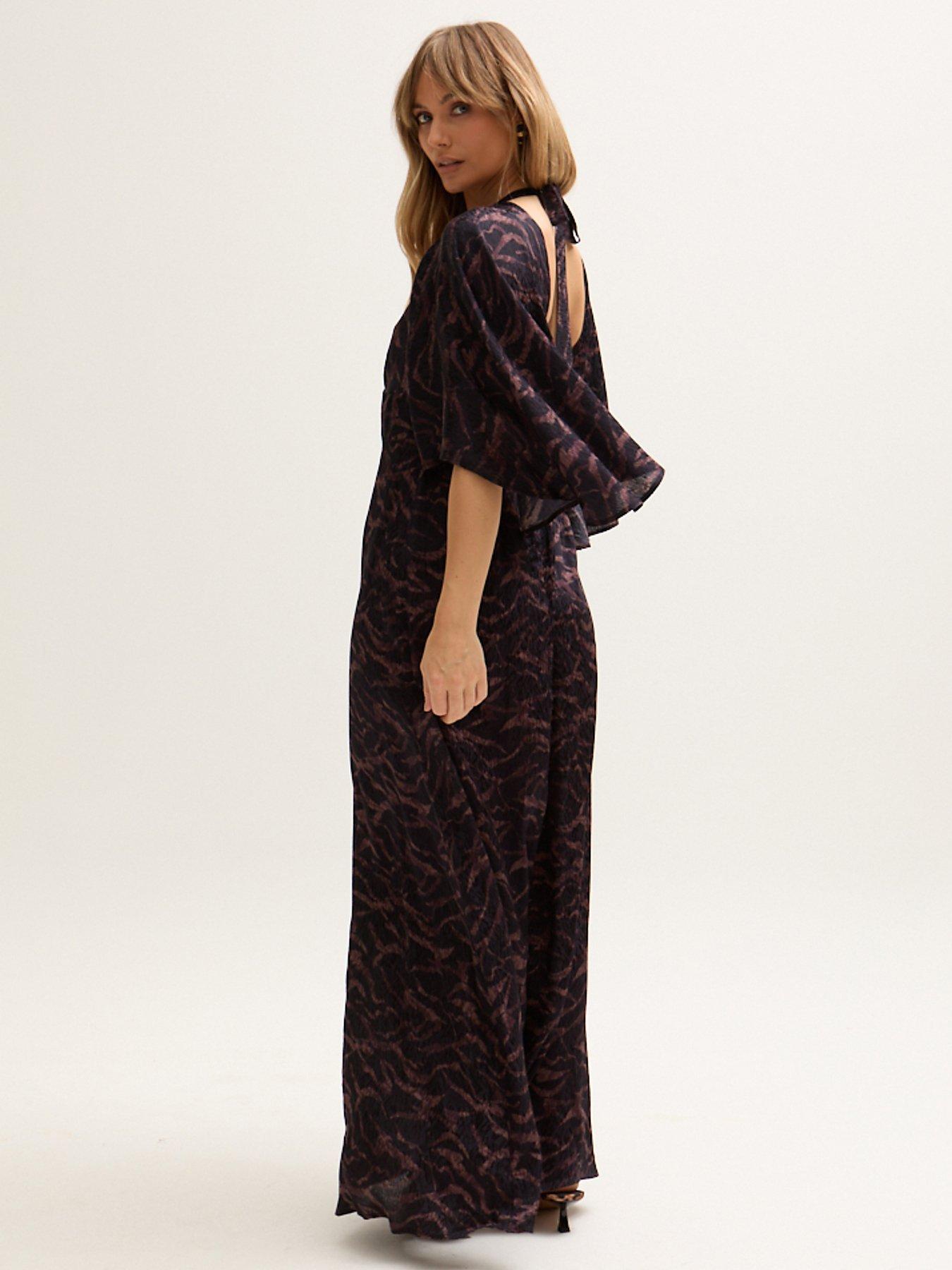  image of lily-lionel-lydia-angel-sleeve-midnight-tiger-print-maxi-dress-brown