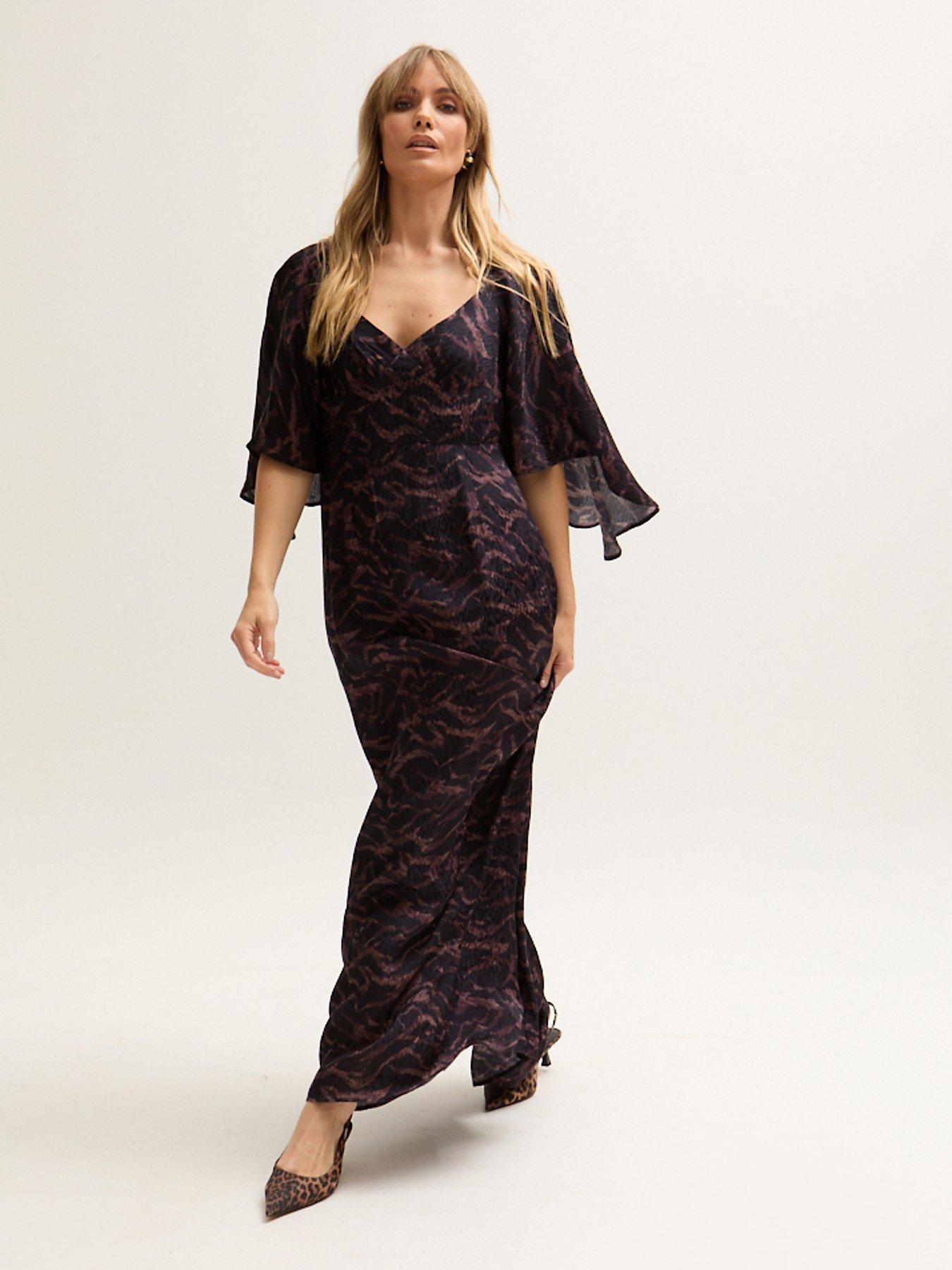  image of lily-lionel-lydia-angel-sleeve-midnight-tiger-print-maxi-dress-brown