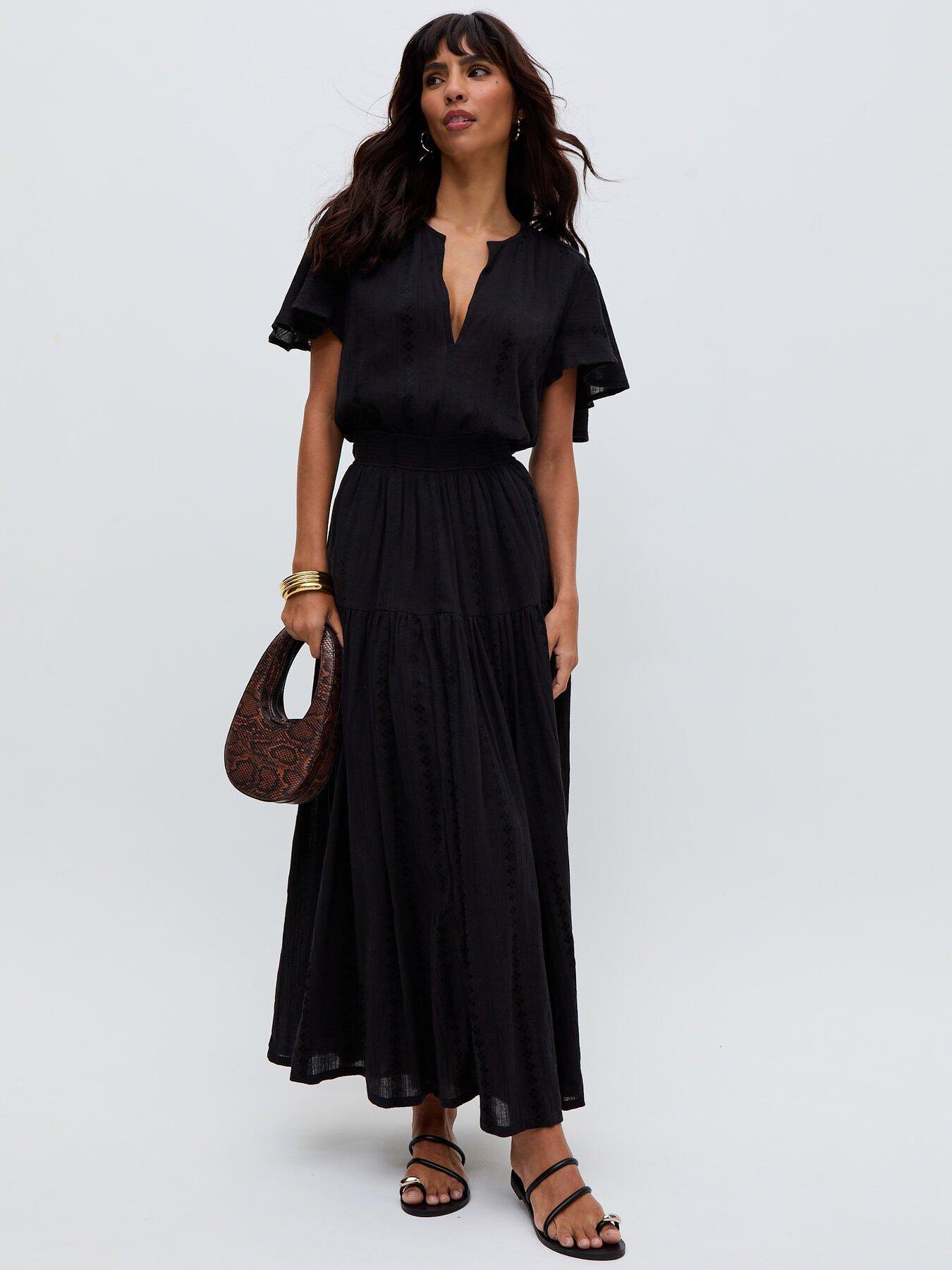  image of raffya-candice-flutter-sleeve-jacquard-maxi-dress-black