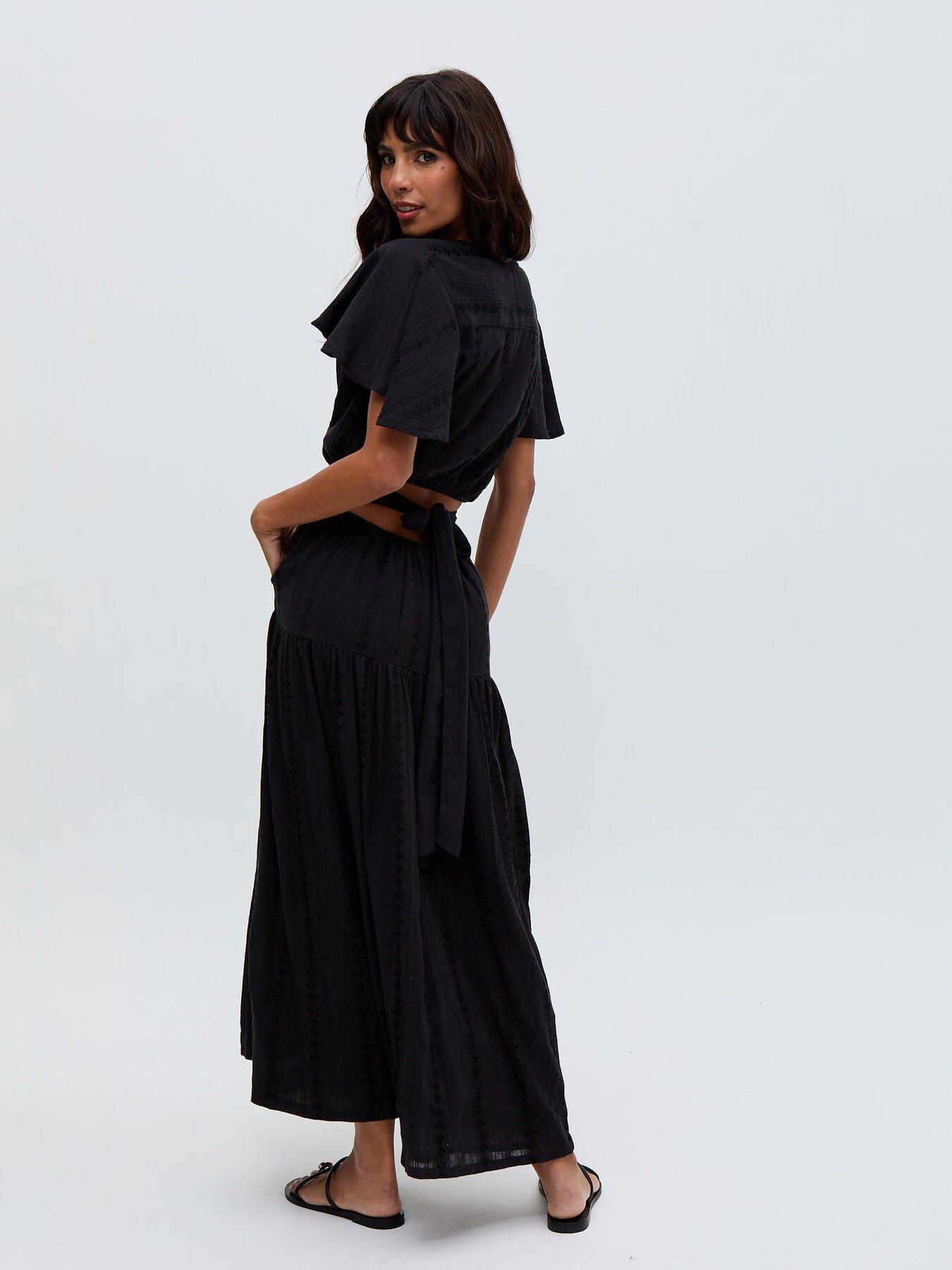  image of raffya-candice-flutter-sleeve-jacquard-maxi-dress-black