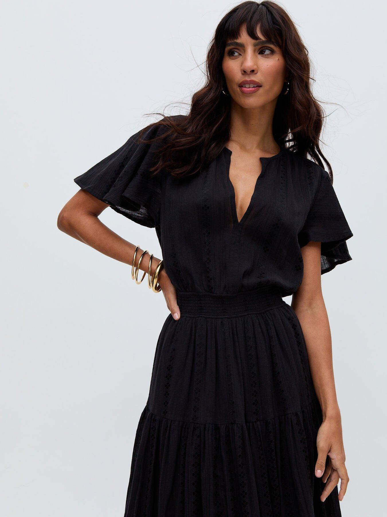  image of raffya-candice-flutter-sleeve-jacquard-maxi-dress-black