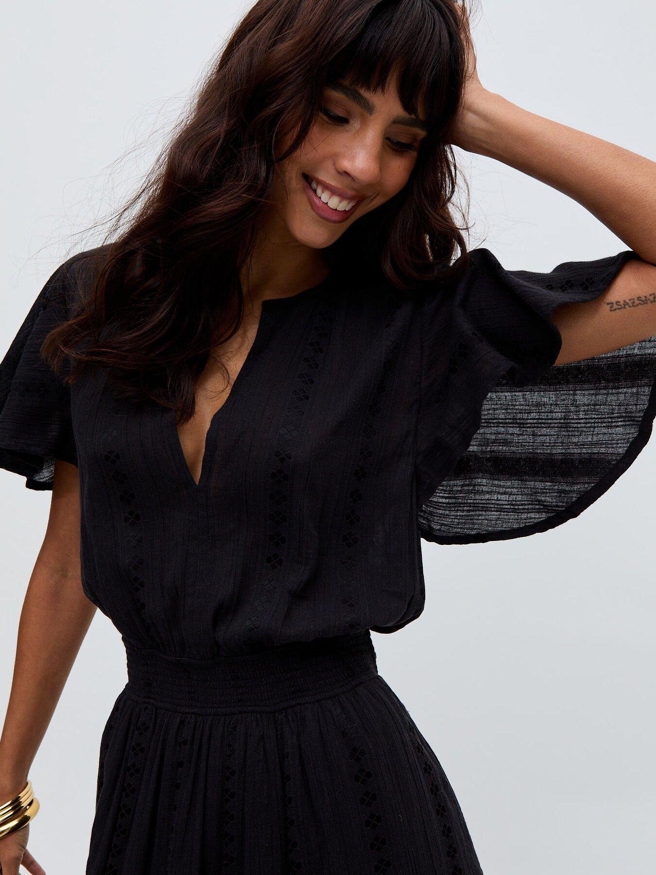  image of raffya-candice-flutter-sleeve-jacquard-maxi-dress-black