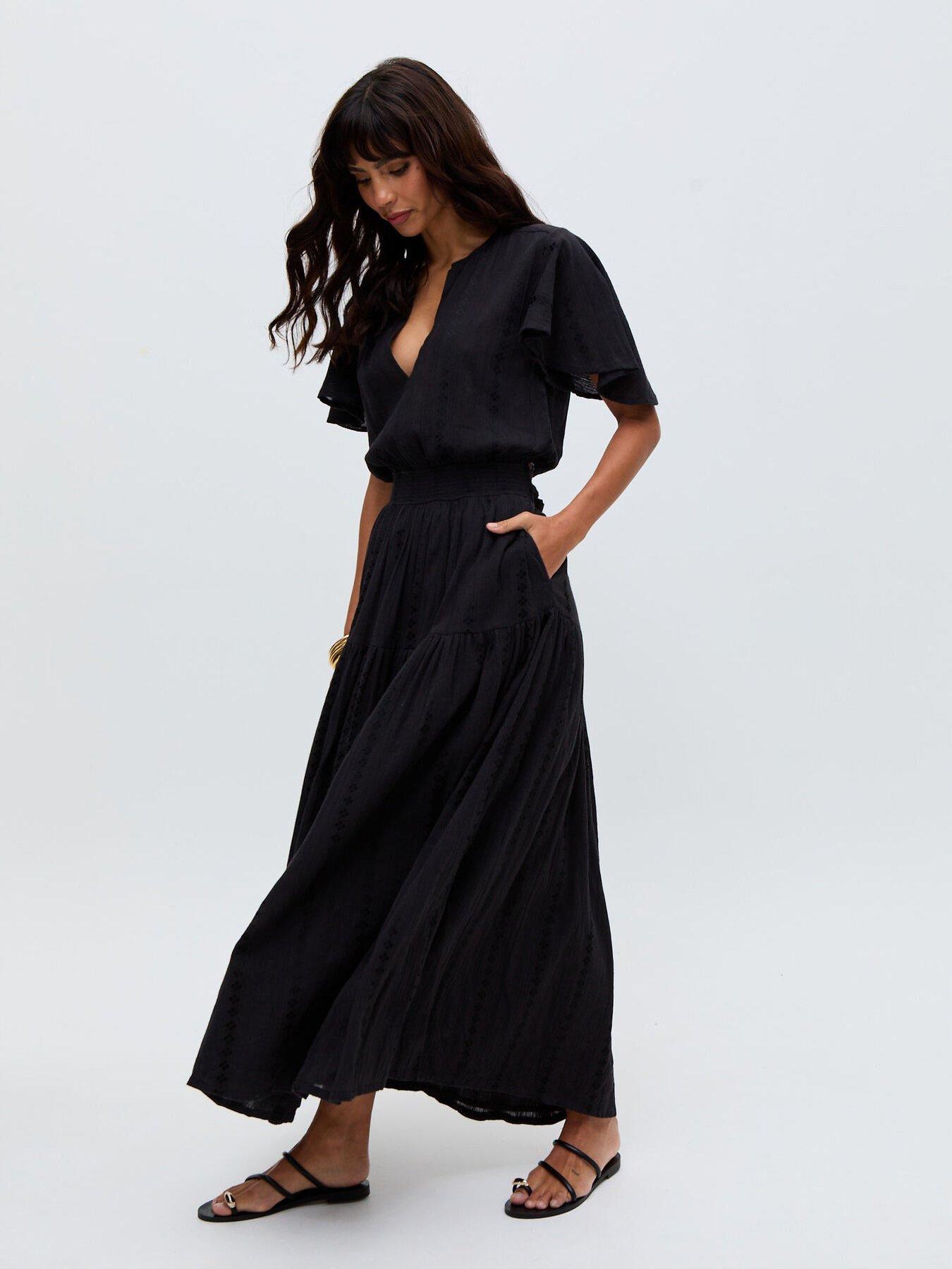  image of raffya-candice-flutter-sleeve-jacquard-maxi-dress-black