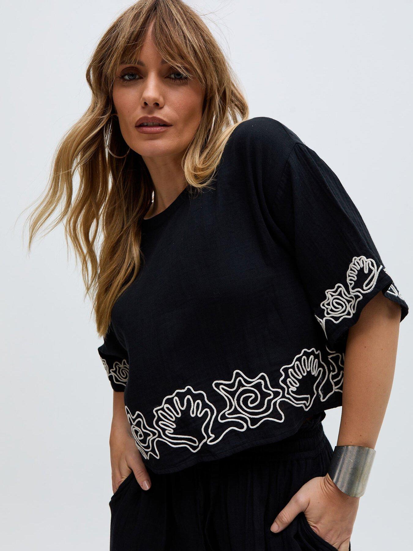 undefined Milly Embroidered Split Open Back Blouse - Black